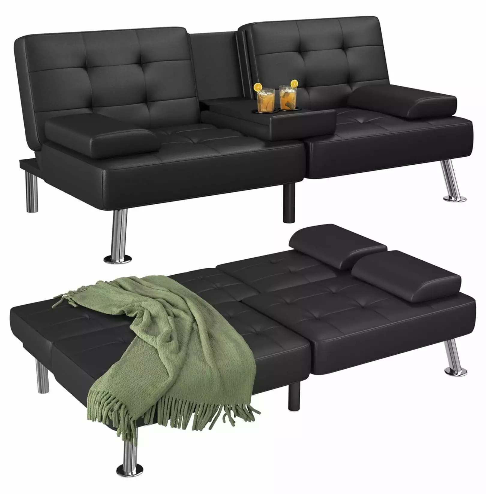 YOSITiuu Futon Sofa Bed Modern Faux Leather Convertible Folding Couch Recliner Lounge Living Room 2 Cup Holders Black Futons
