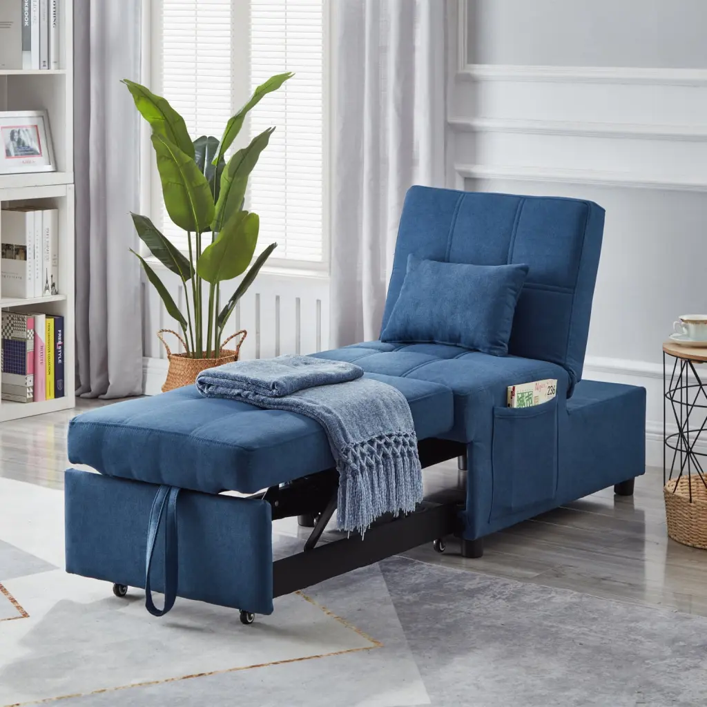Blue Linen Fabric Convertible Recliner Chair Bed Living & Bedroom Foam-Filled Comfort Ponnky
