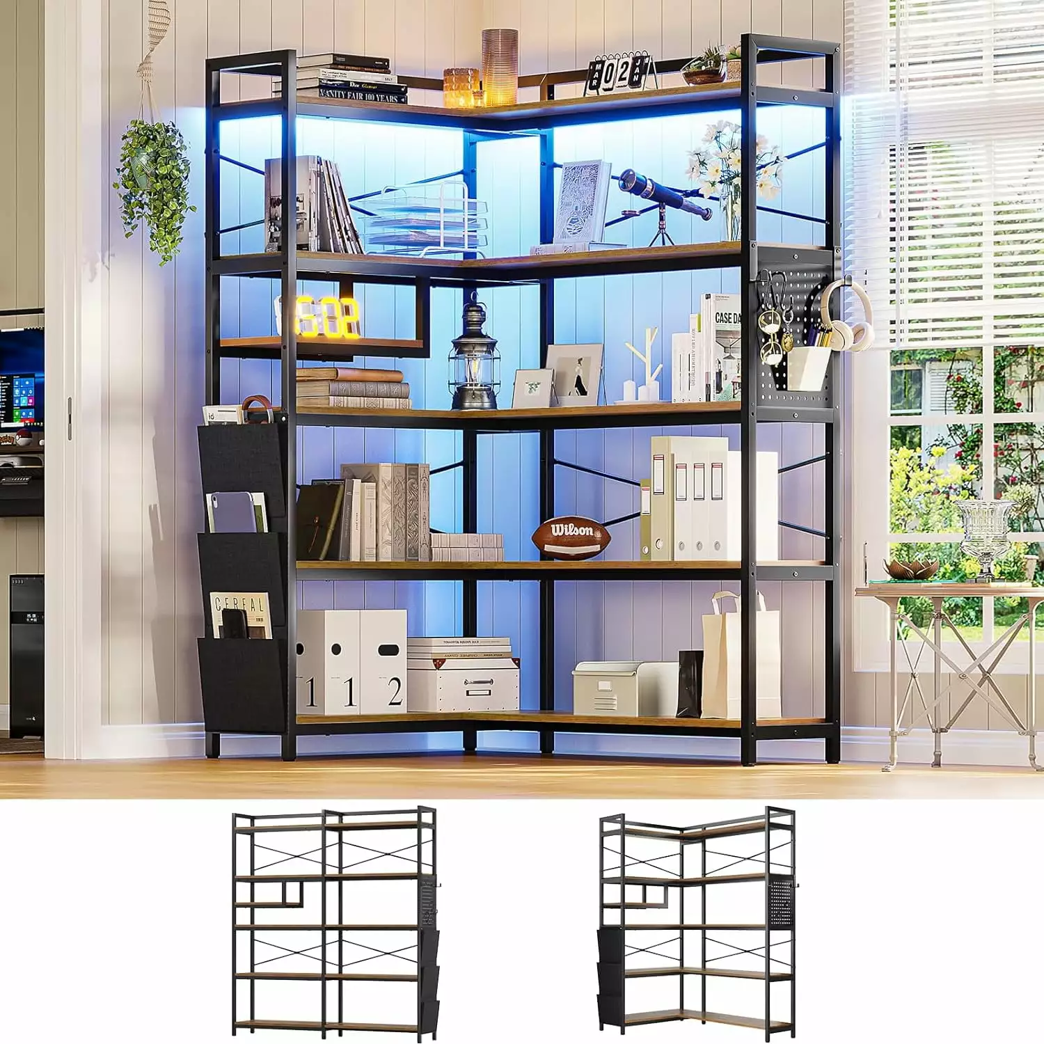 BIZFURN 5-Tier Corner Bookshelf Convertible Shelf Storage Bag & LED Light Rustic Brown