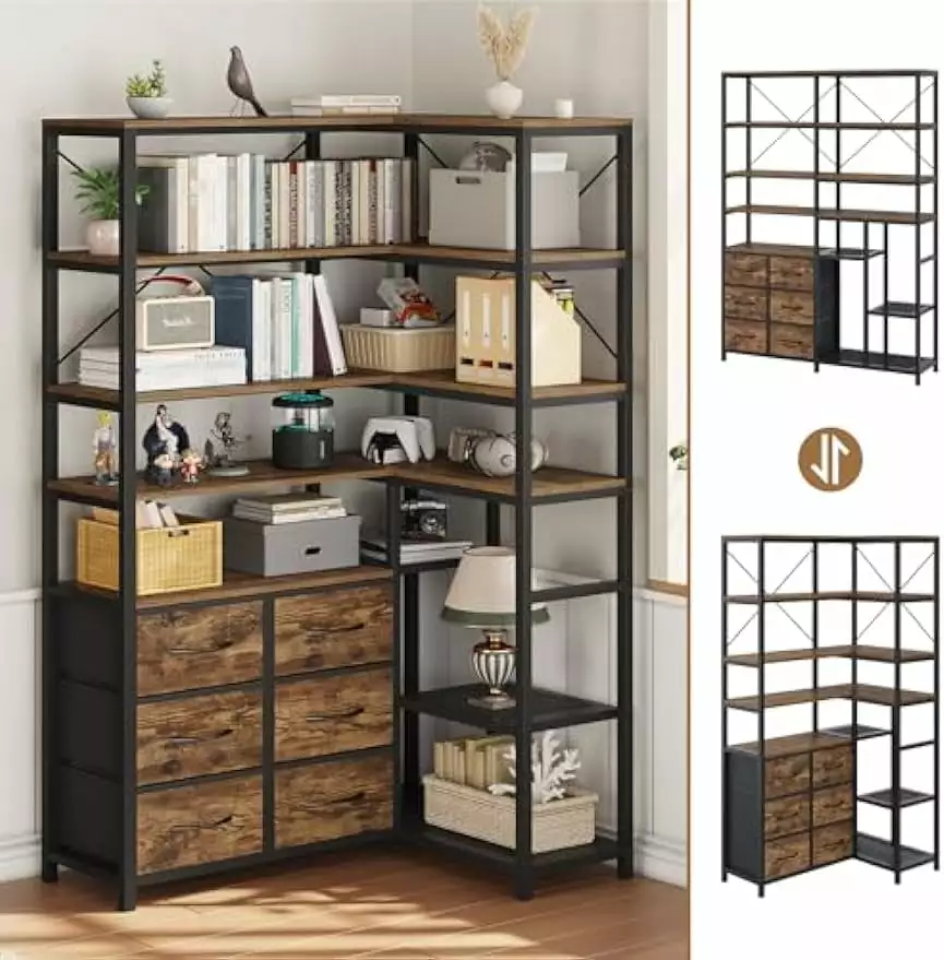 7-Tier Industrial Convertible Corner Bookcase 6 Drawers Rustic Brown Freestanding Shelf Puapli