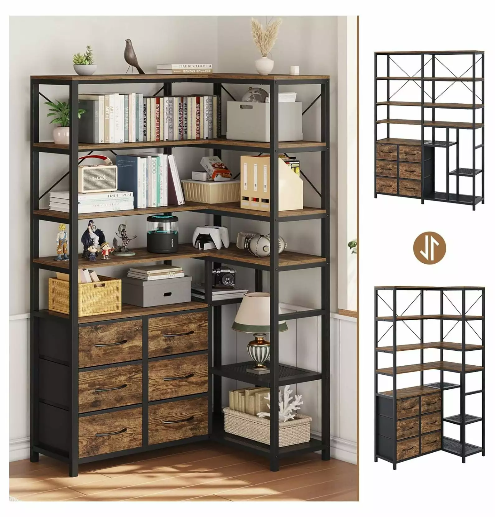 Zengpin 7-Tier Industrial Convertible Corner Bookshelf 6 Drawers Rustic Brown