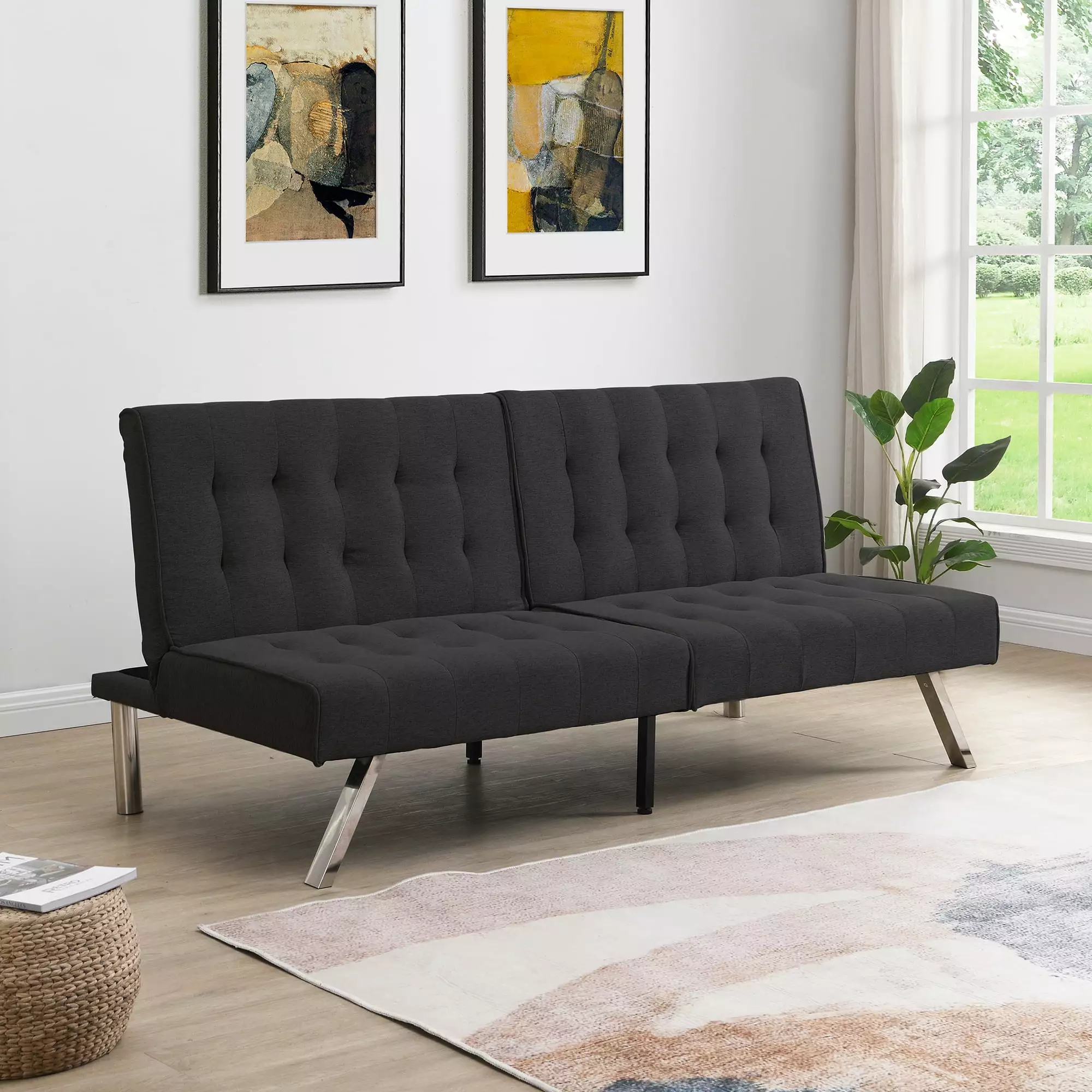 CoSoTower Wood Frame Stainless Leg Futon Sofa Bed Black - Modern Convertible Sleeper Futons