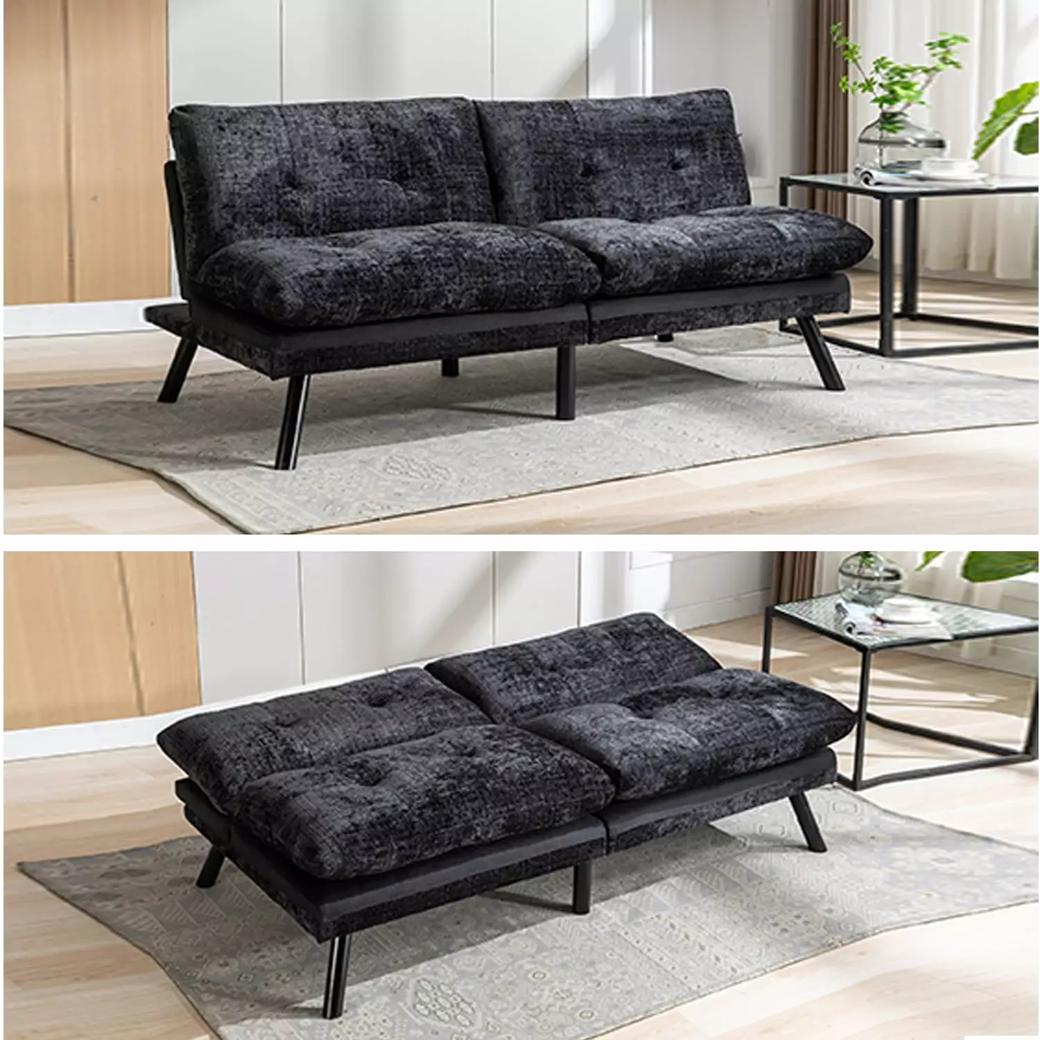 Convertible Chenille Fabric Sofa Bed Loveseat Black - Adjustable Backrest Small Spaces Futons HOMXIAOWO