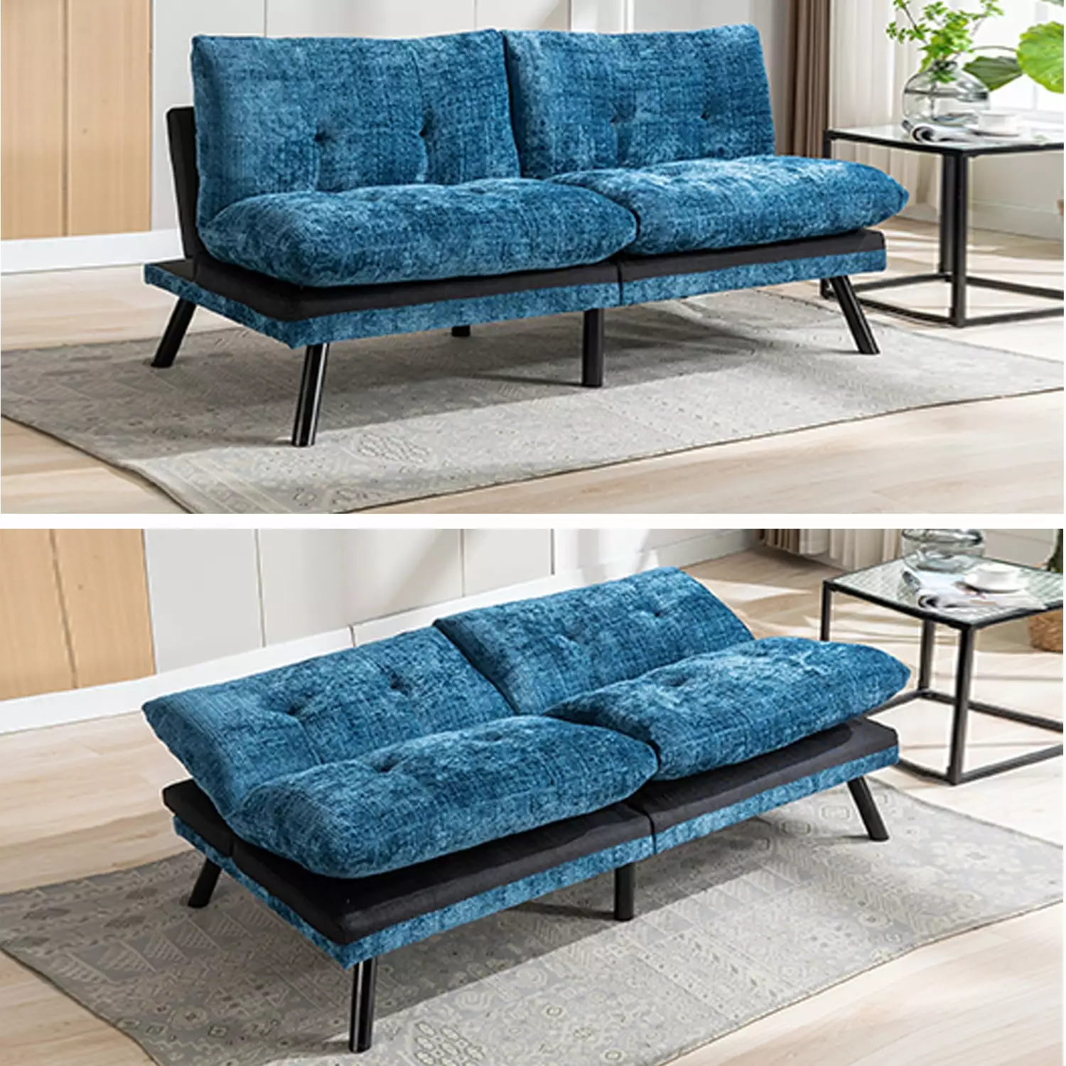 Convertible Chenille Fabric Sofa Bed Loveseat Blue - Adjustable Backrest Modern Spaces Futons HOMXIAOWO