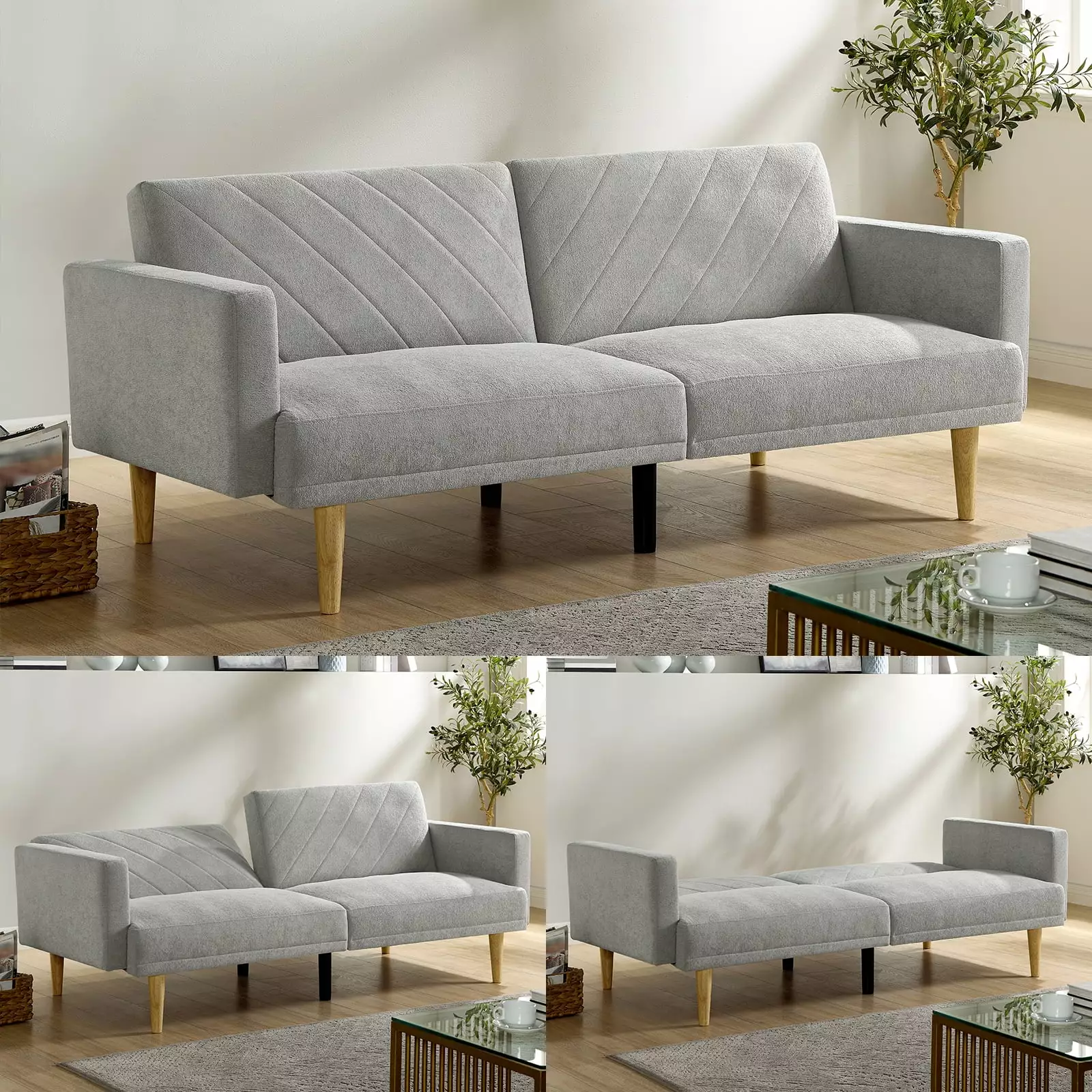 Convertible Grey Fabric Futon Sofa Bed Tapered Wood Legs - Multi-Functional Single Bed Futons HOMXIAOWO