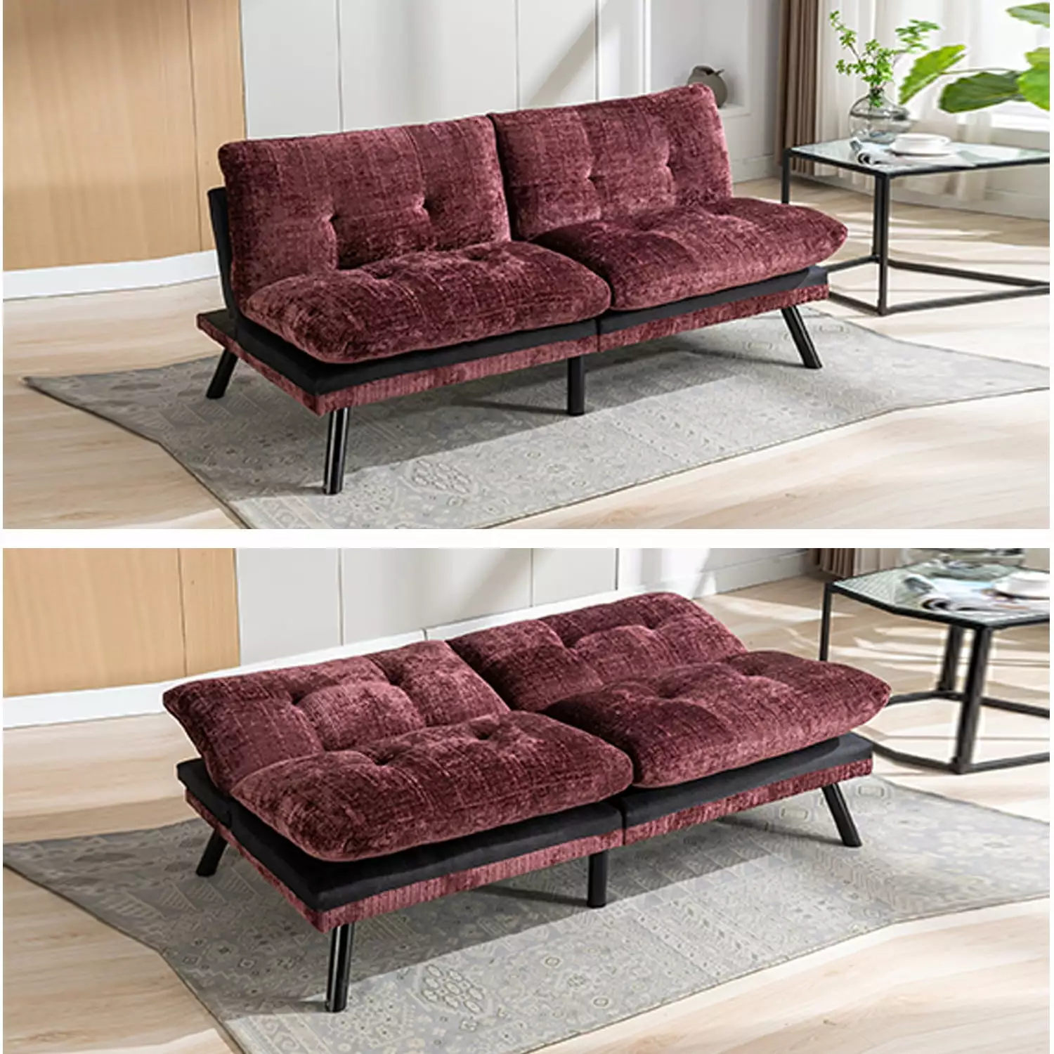 Convertible Sofa Bed Loveseat Wine Red Chenille Fabric - Adjustable Backrest Metal Legs Futons HOMXIAOWO
