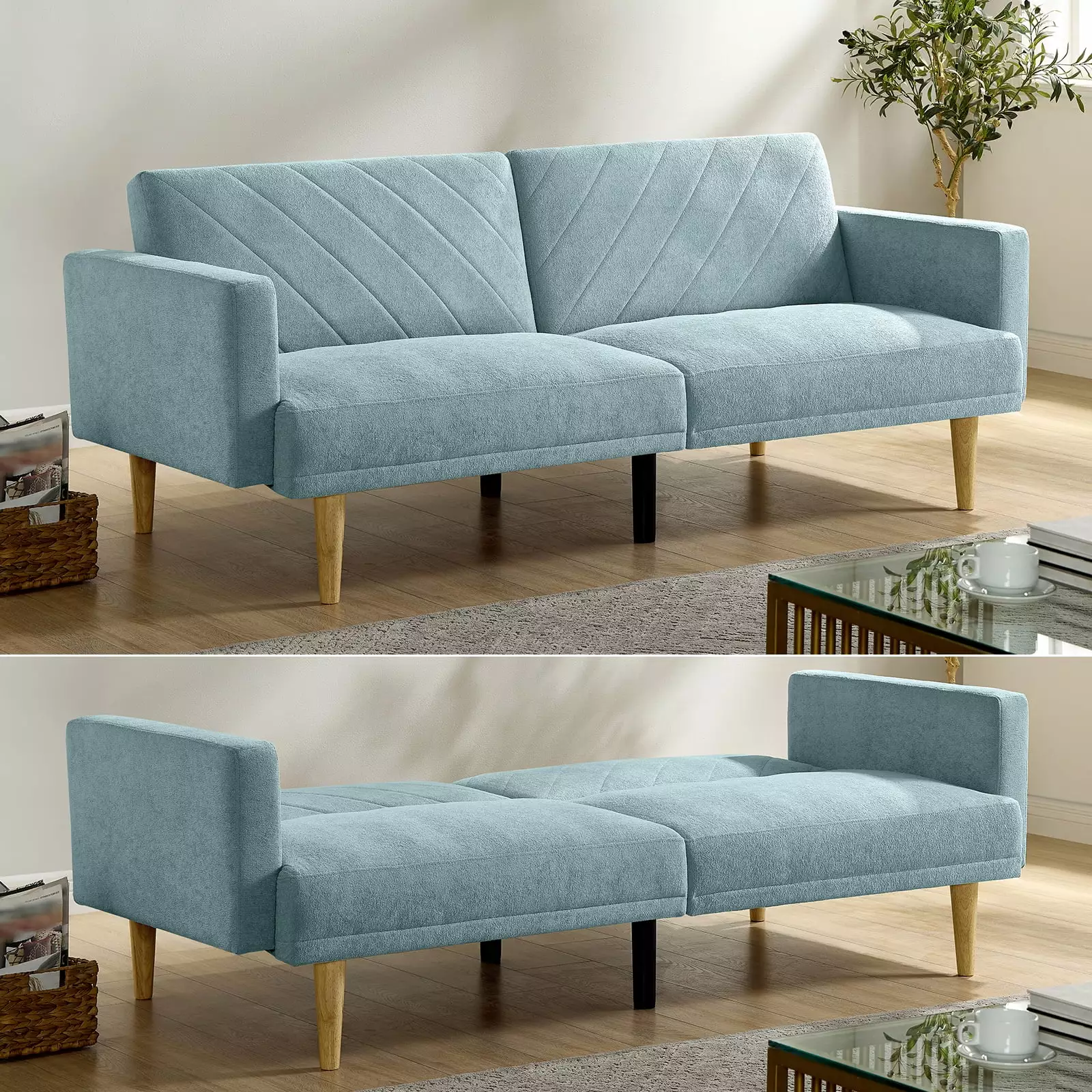 Multi-Functional Futon Sofa Bed Tapered Wood Legs Blue - Converts to Single Bed Futons HOMXIAOWO
