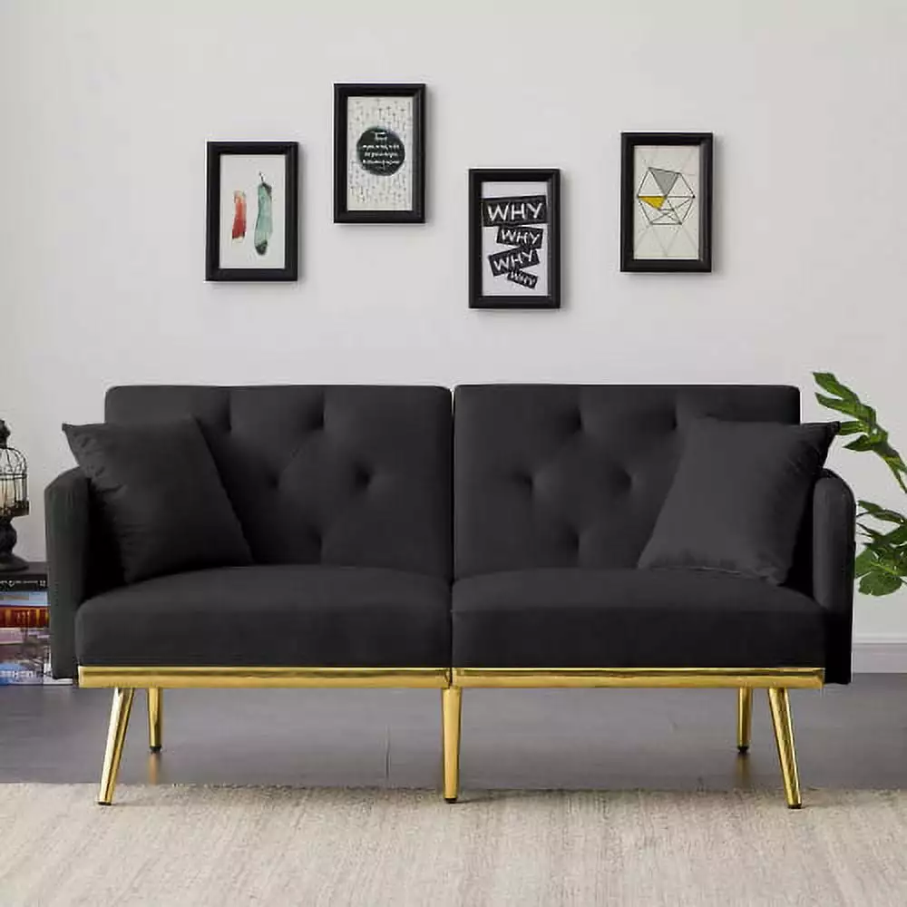 Velvet Futon Sofa Bed Convertible Sleeper Armrests and Wood Legs - Modern Black Living Room Couch Futons Triple Tree
