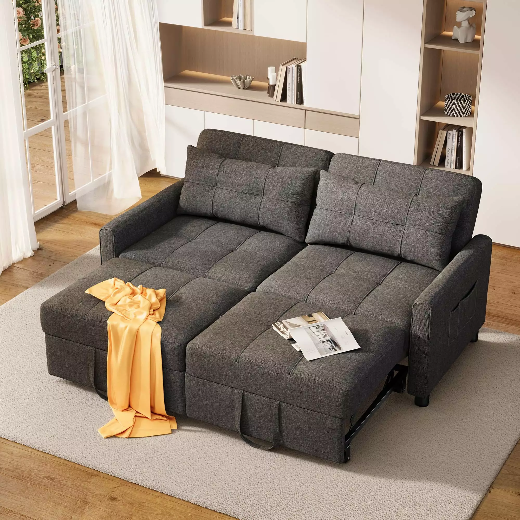 Asofer 3 1 Convertible Sofa Bed 58 Inch Pull Out Couch Adjustable Backrest Dark Gray Futons