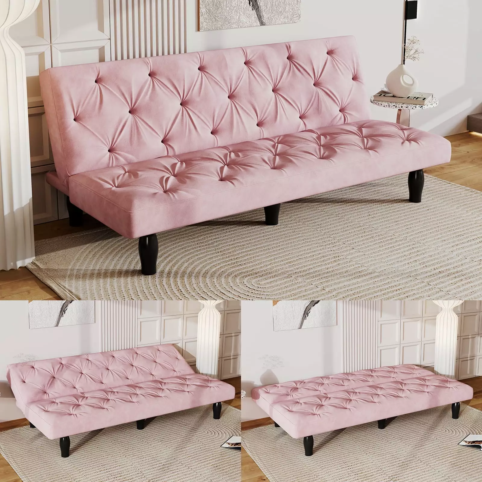 Elegant 66 Pink Velvet Sofa Bed Convertible Tufted Design Supports 500 lbs Futons HOMXIAOWO