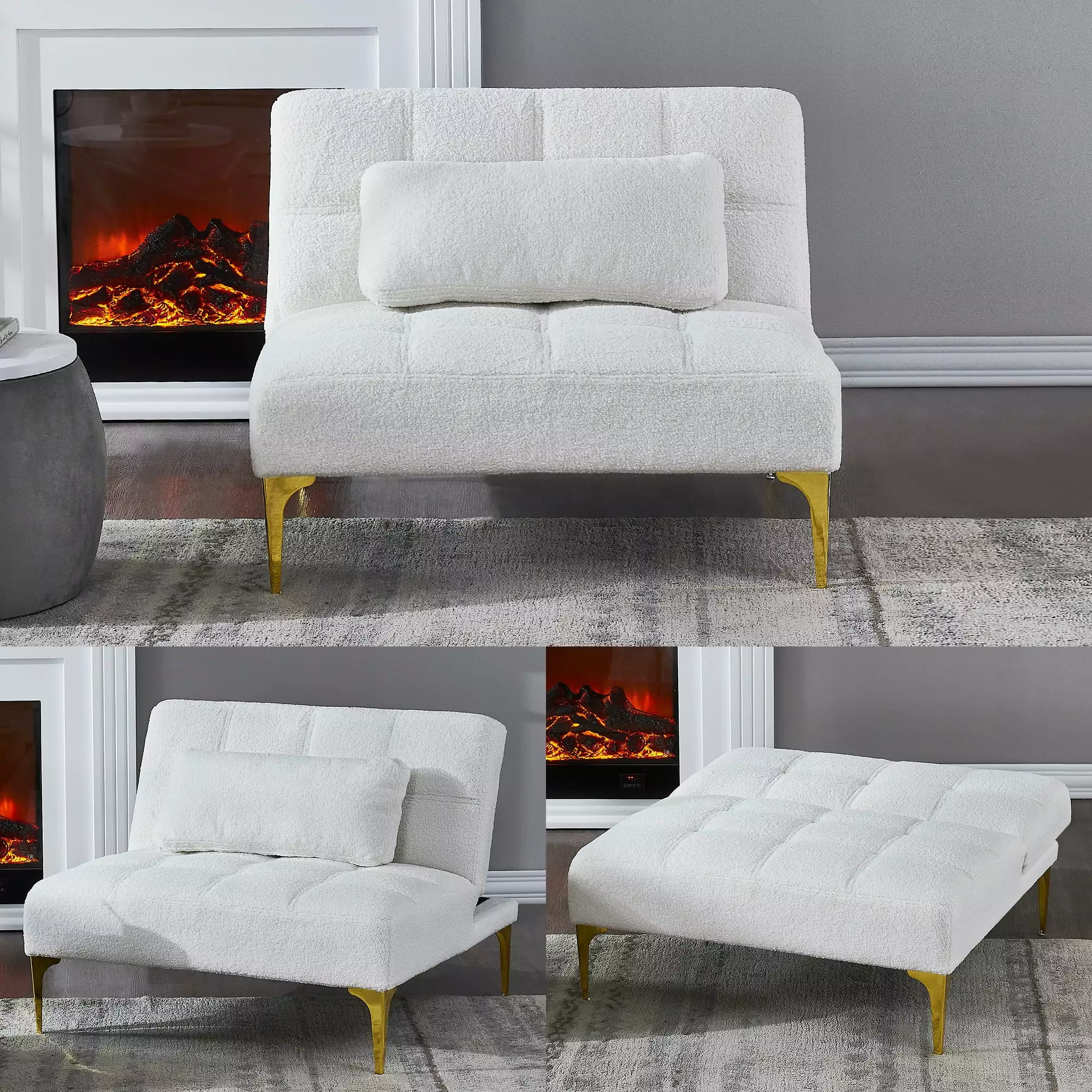 Luxurious Convertible Sofa Bed Futon Gold Metal Legs Soft Teddy Fabric White Futons HOMXIAOWO