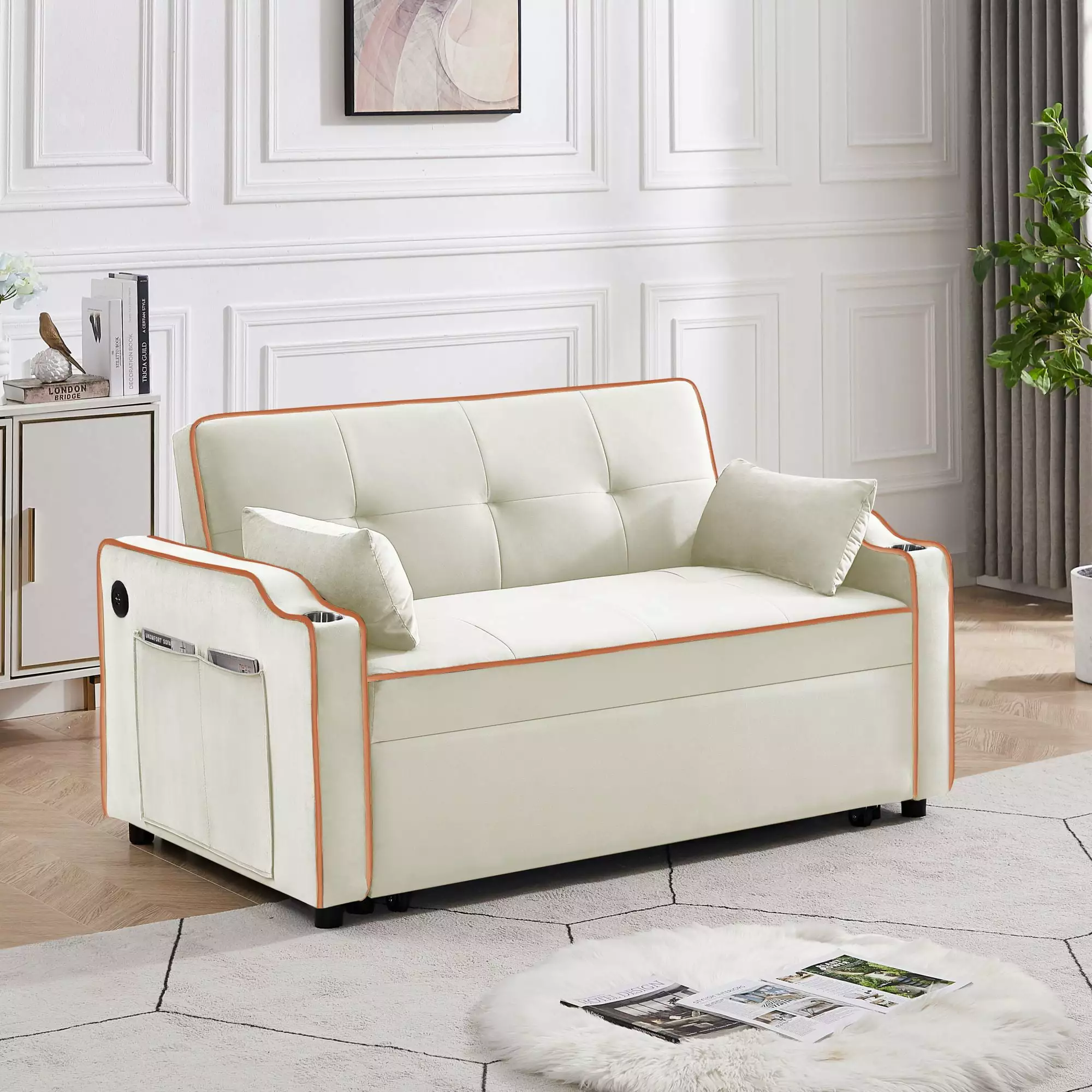 3 1 Convertible Sofa Chair Bed Adjustable Backrest Chaise Lounge USB Ports and Cup Holder Beige Chaise Jamini