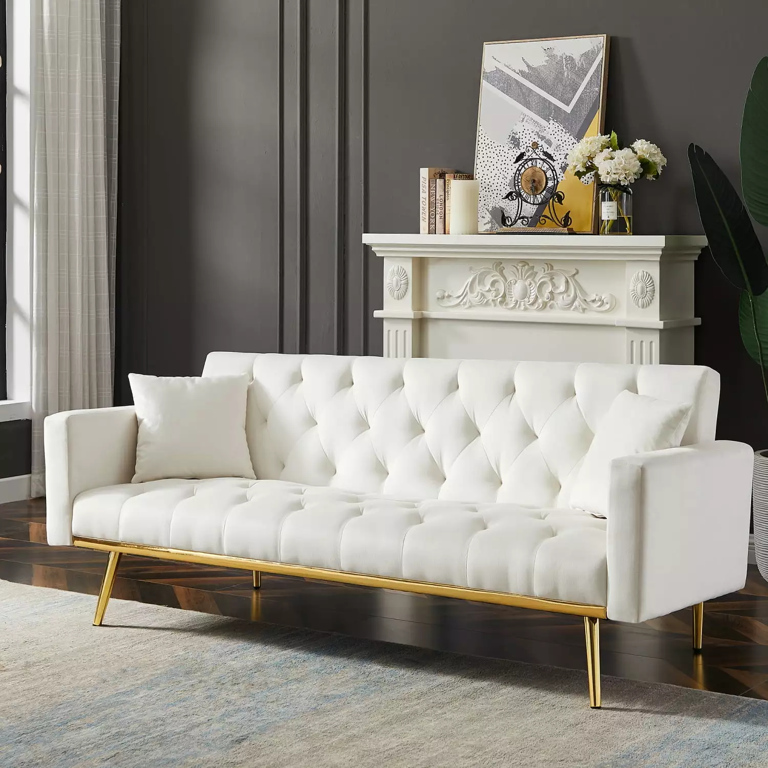 Cream White Convertible Velvet Futon Sofa Bed Tufted Design Compact Living Spaces Futons Ponnky