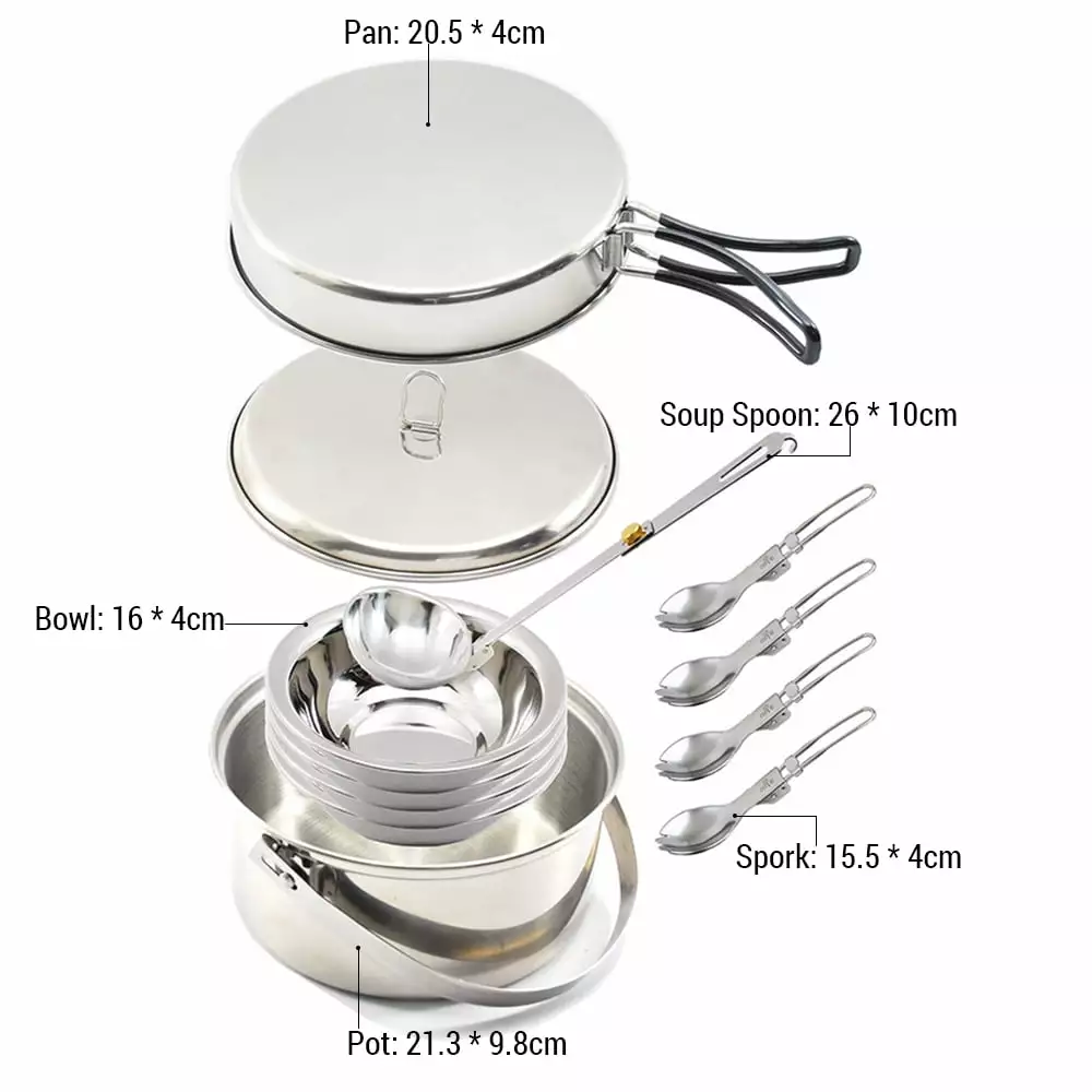 4-Person Stainless Steel Cookware Set Sporks Soup Spoon and Pot Pan Kit Picnic