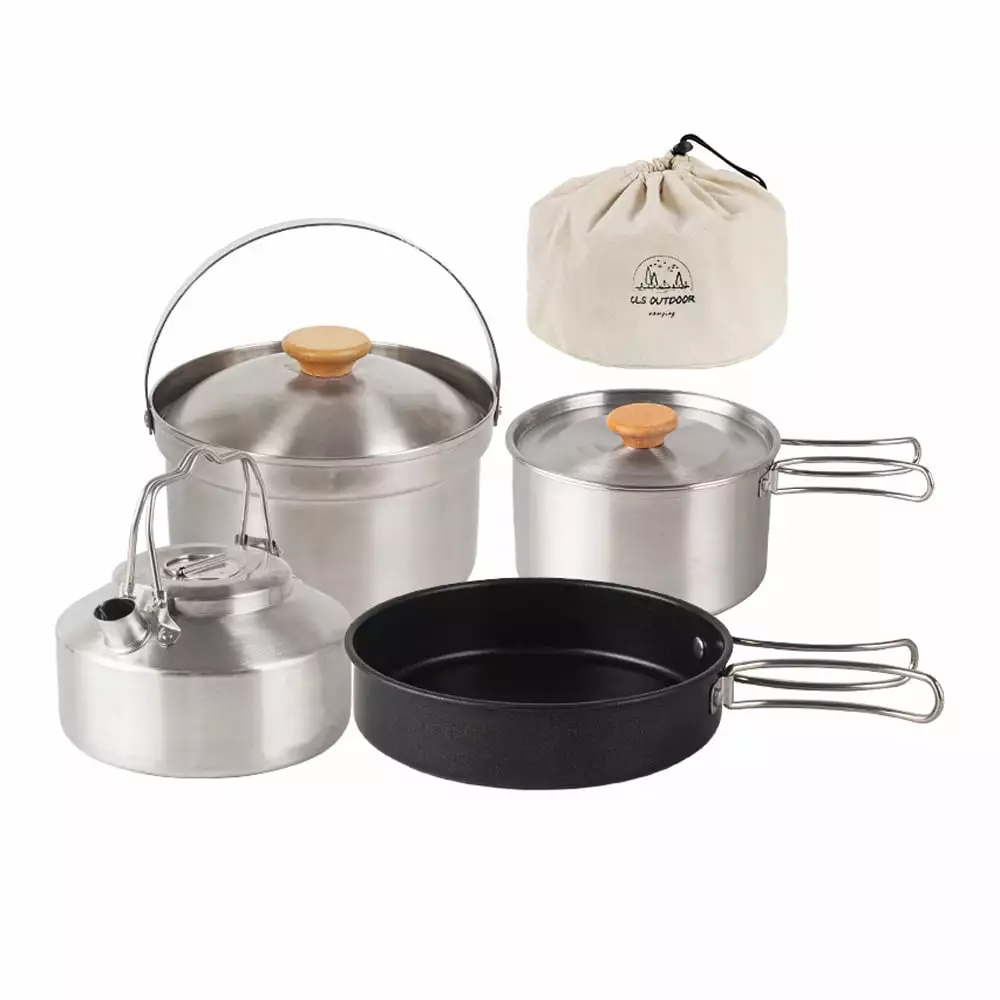 ammoon Portable Picnic Cookware Set Lightweight Stainless Steel Pot Frying Pan