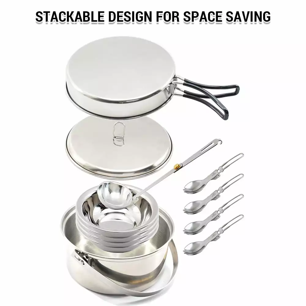 Cookware Pot Pan Stainless Steel Kit 4 Persons Spoon Sporks Steel Set Outdoor Cooking