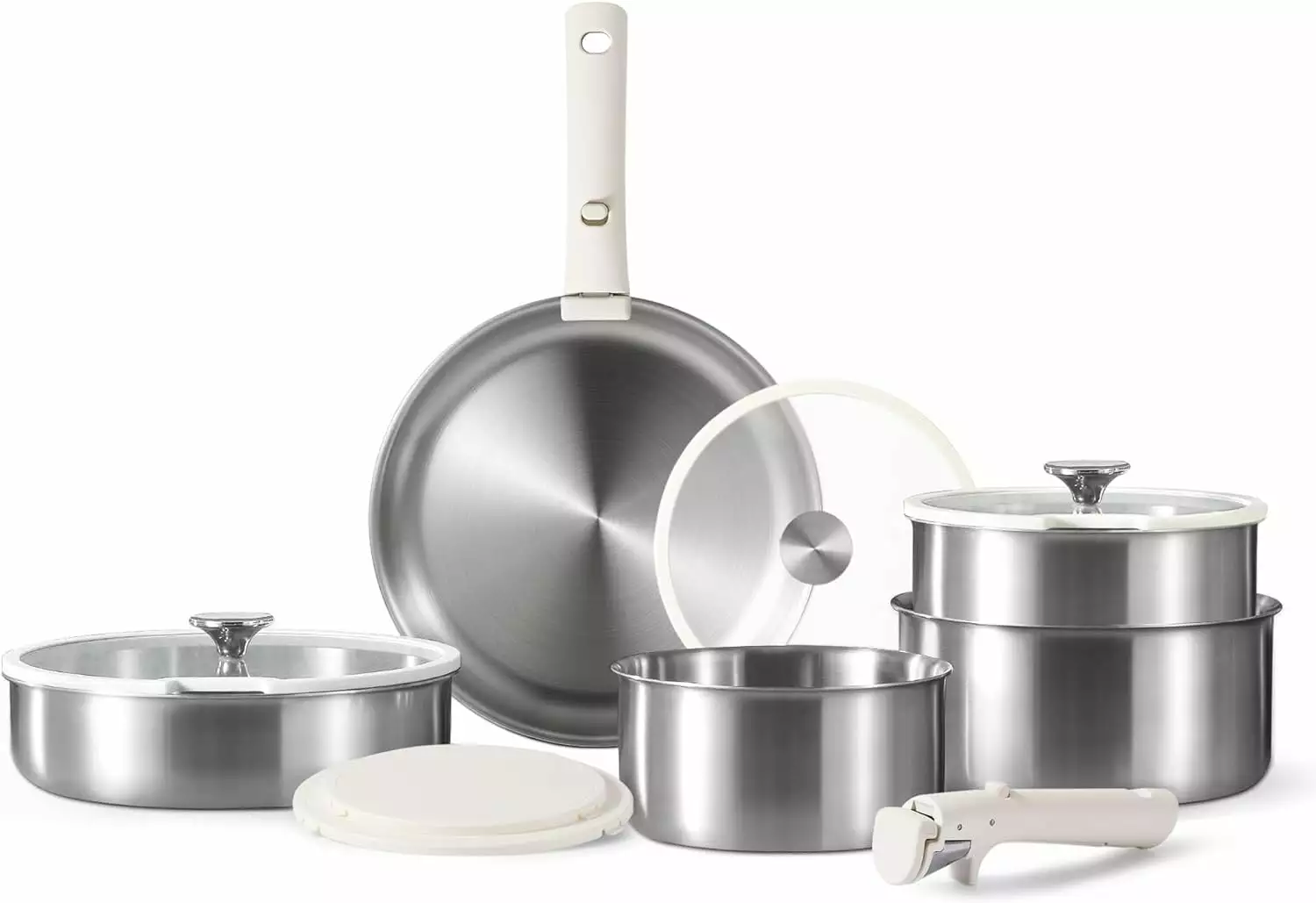12 Piece Stainless Steel Pots and Pans Set Detachable Handles RV Camping