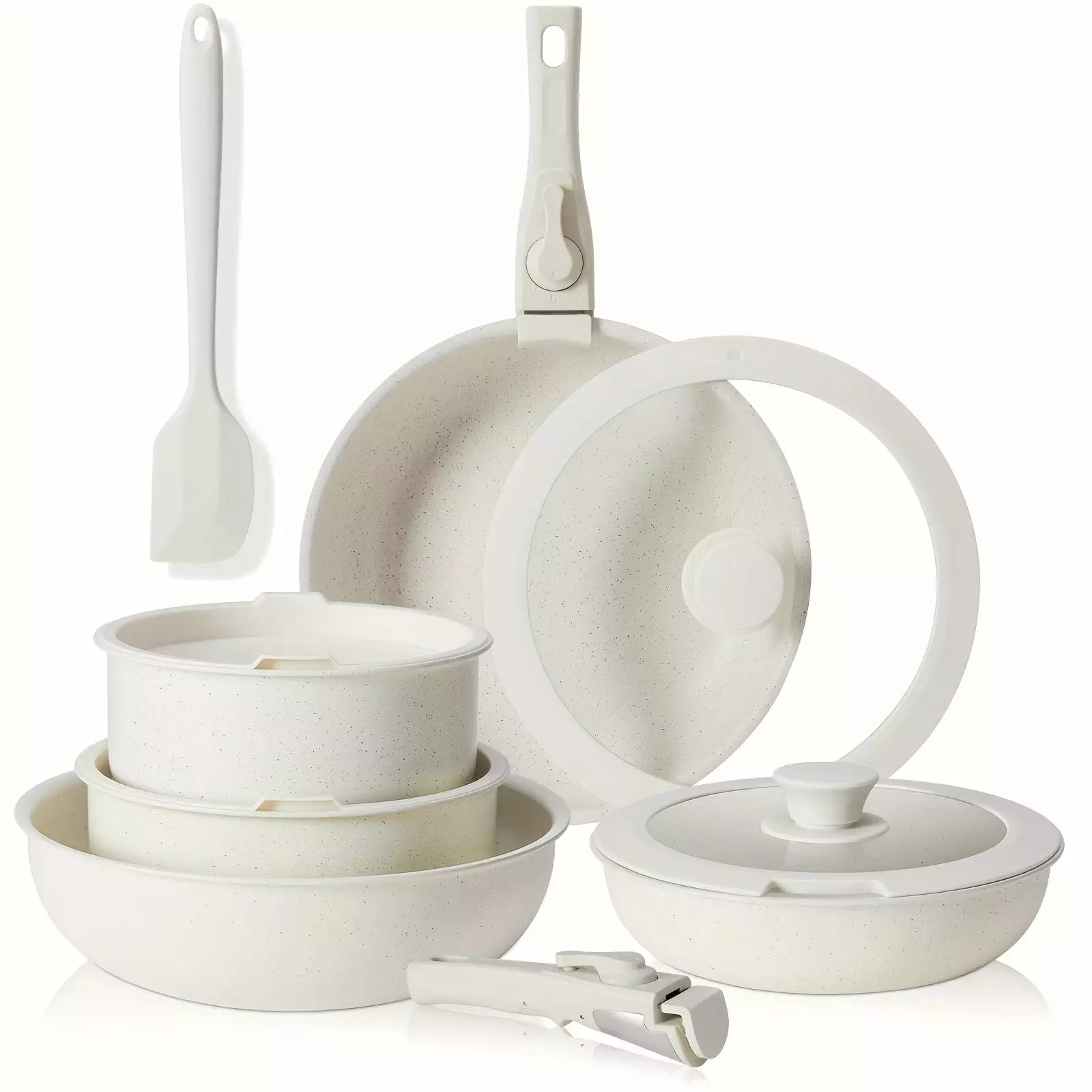 12 Piece White Granite Nonstick Cookware Set Removable Handles