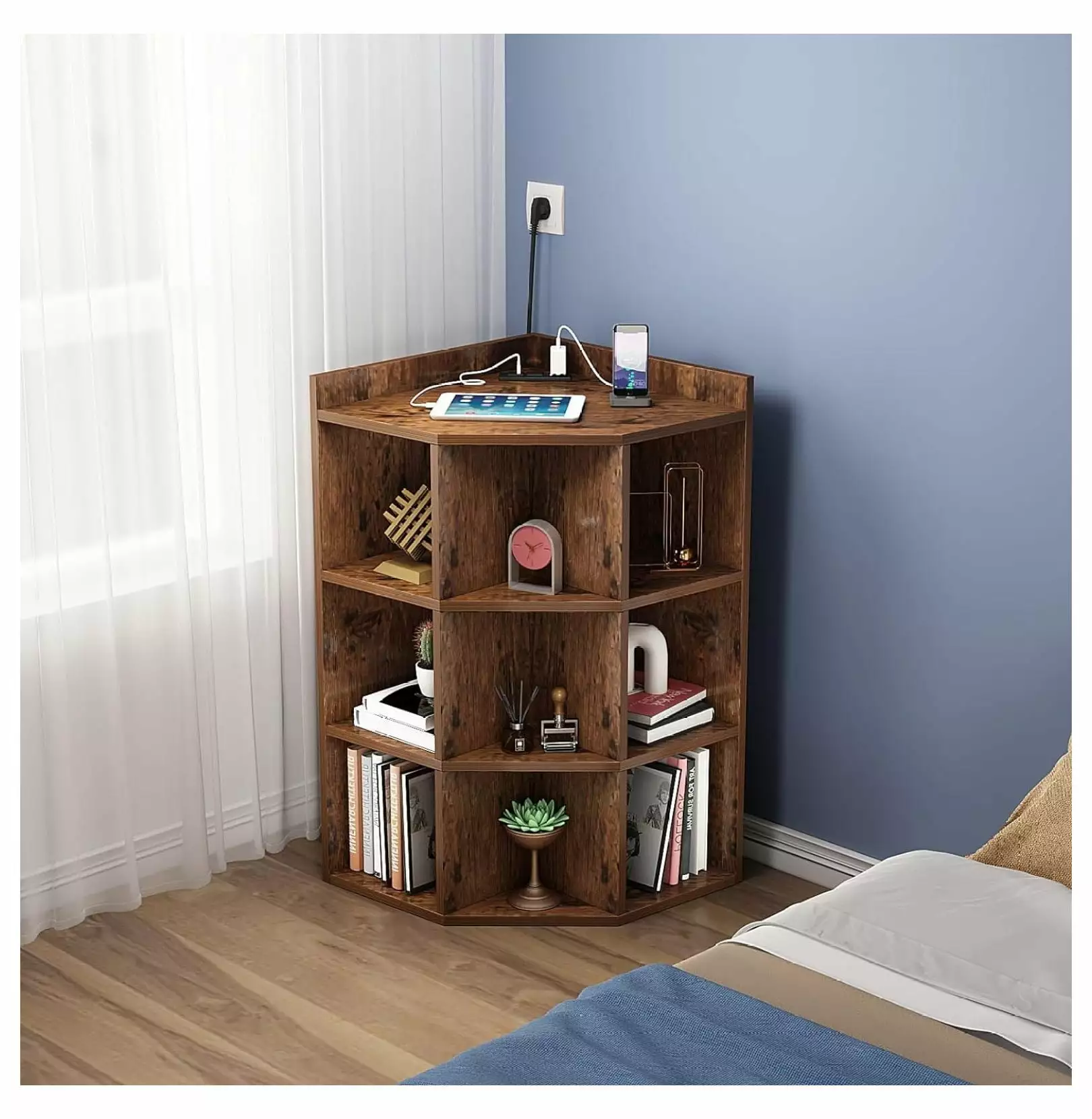 3-Tier Corner Bookcase 9 Cubbies Wooden Storage Organizer Shelf Modern Corner Cabinet Small Space Living Room Bedroom