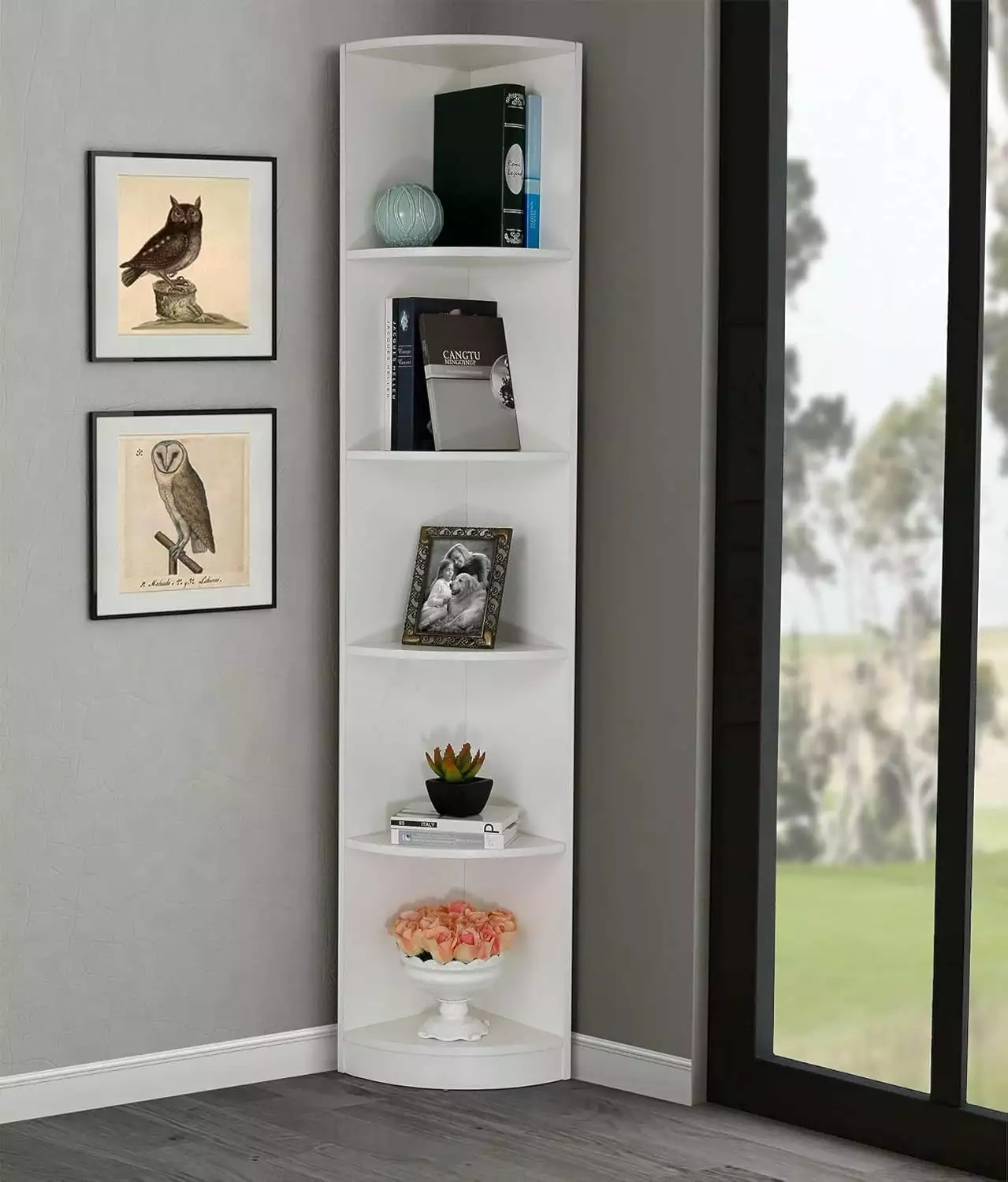 5 Tier White Wood Corner Bookcase Display Bookshelf Storage Rack Multipurpose Shelving Unit Living Room A&A Manufacturing