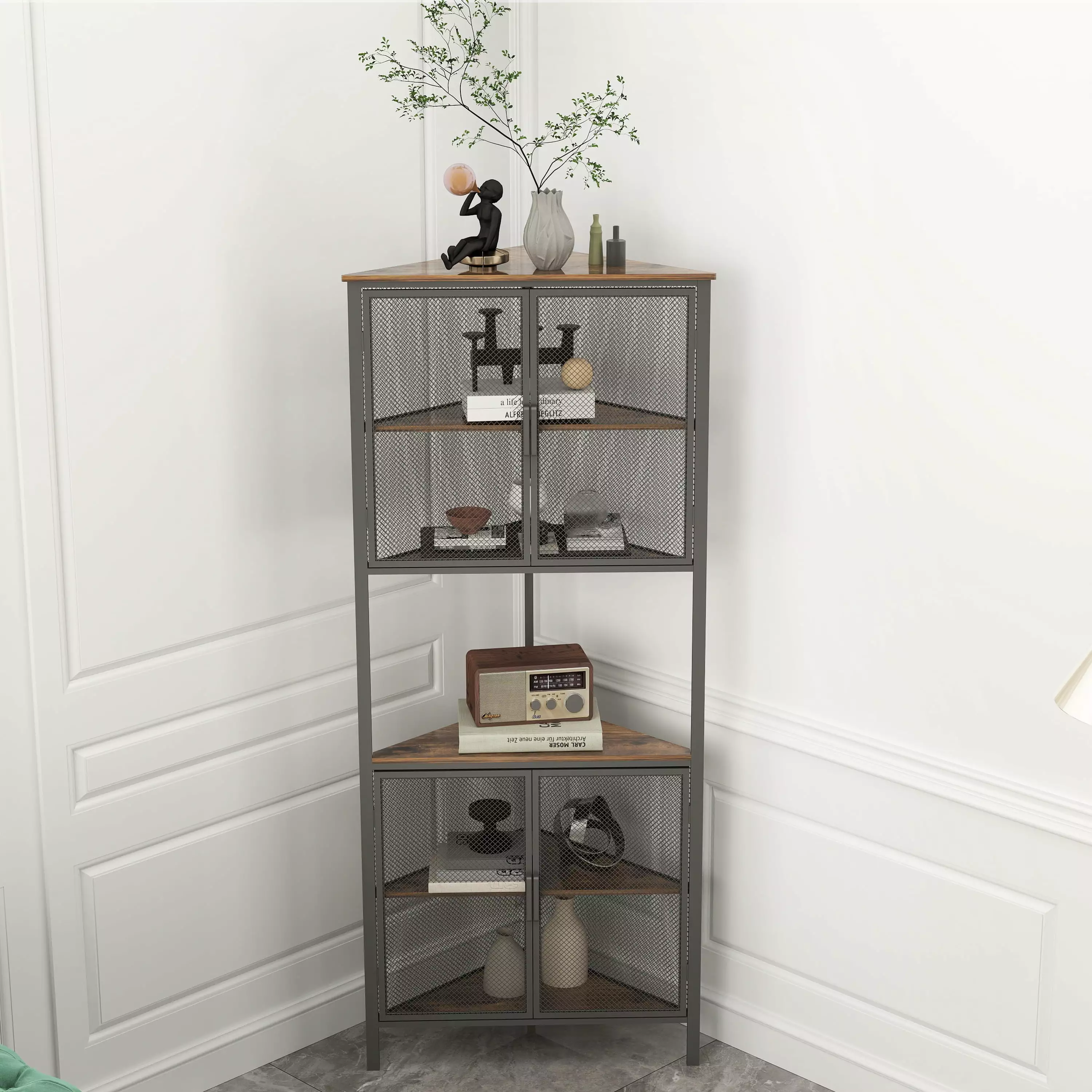 5 Tier Corner Shelf Metal Mesh Door Bookcase Storage Small Space Living Room ANCEL