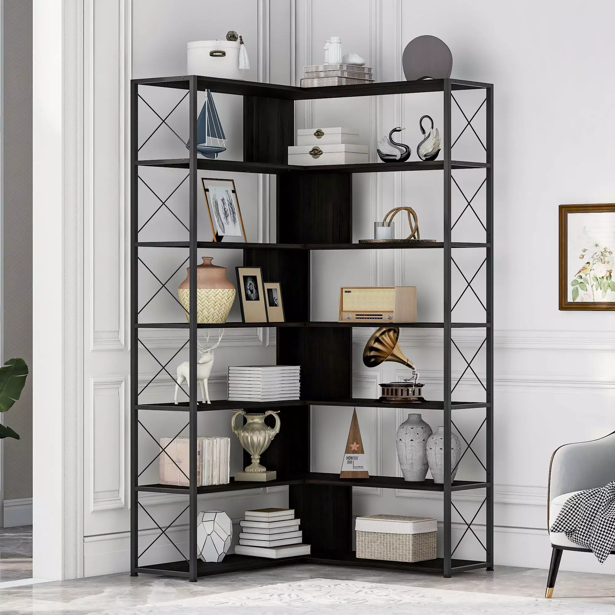 Artlia 7-Tier L-Shaped Corner Bookcase Metal Frame Industrial Style Open Storage MDF Board