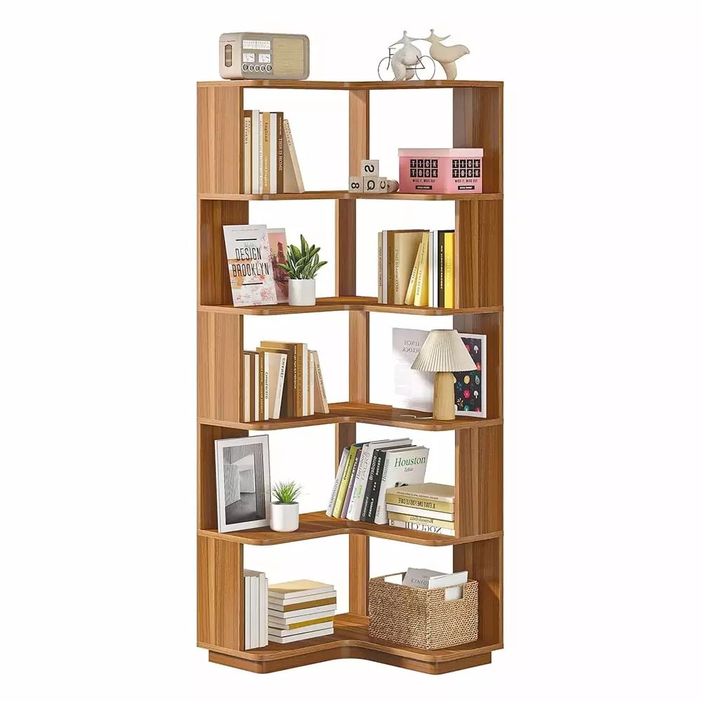 Barara King 6-Tier Corner Bookcase Anti-Drop Panel Brown Buffet Sideboard Home Office