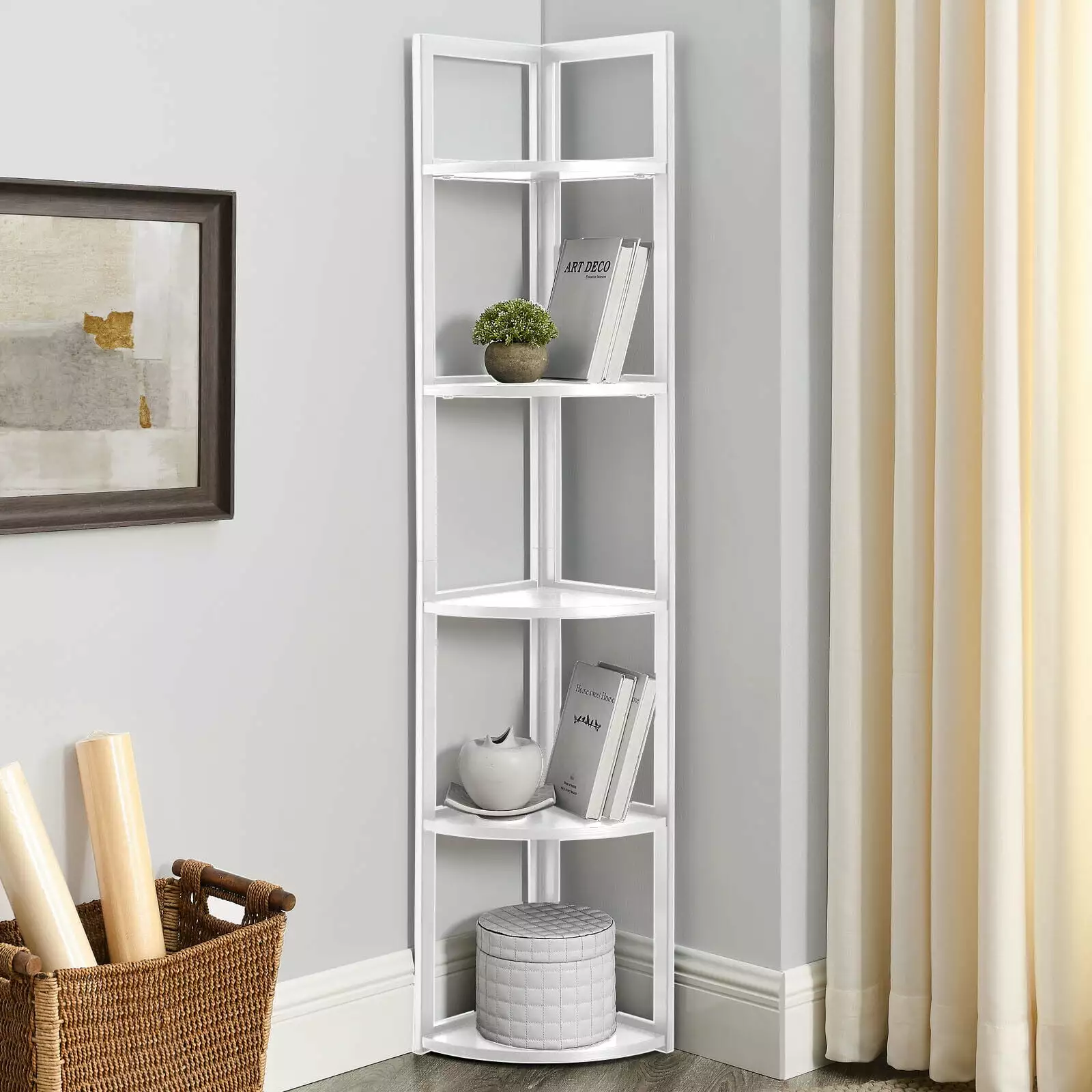 BMTBUY 5 Tiers Corner Shelf Corner Bookcase Tall Corner Storage Stand White
