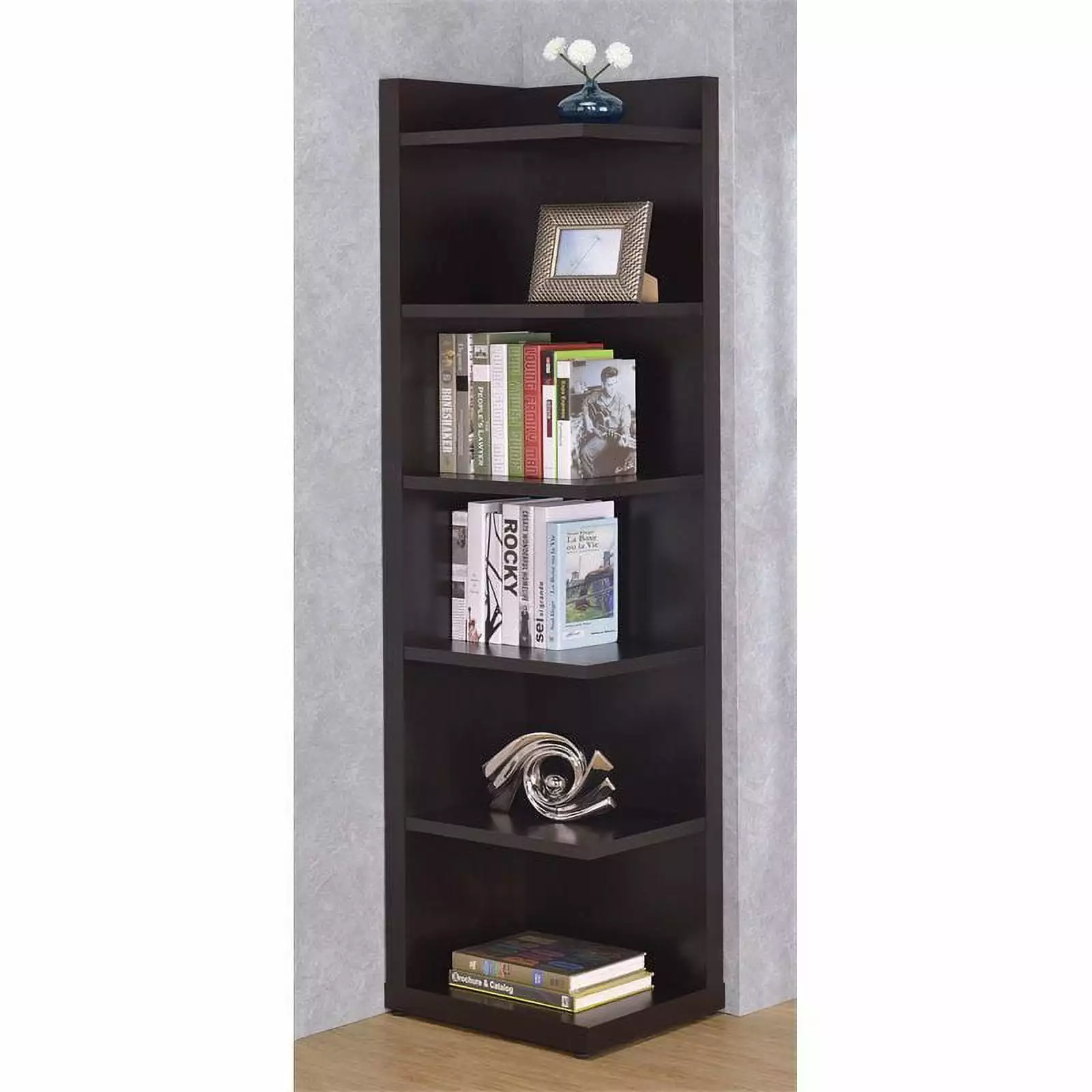 Bowery Hill 6 Shelf Corner Bookcase Cappuccino Finish Home or Office