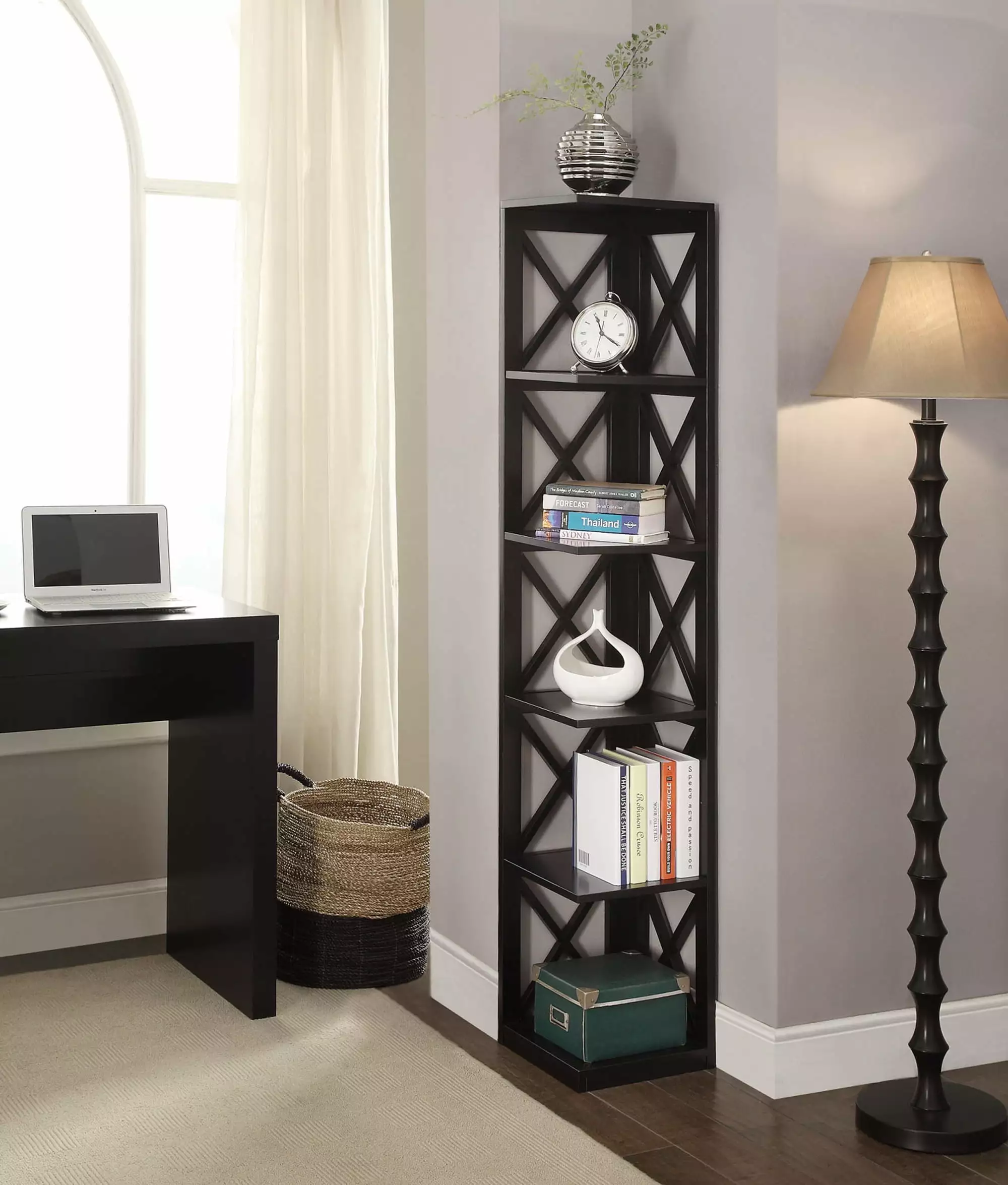 Convenience Concepts 5 Tier Shelf X Frame Home Corner Bookcase Black