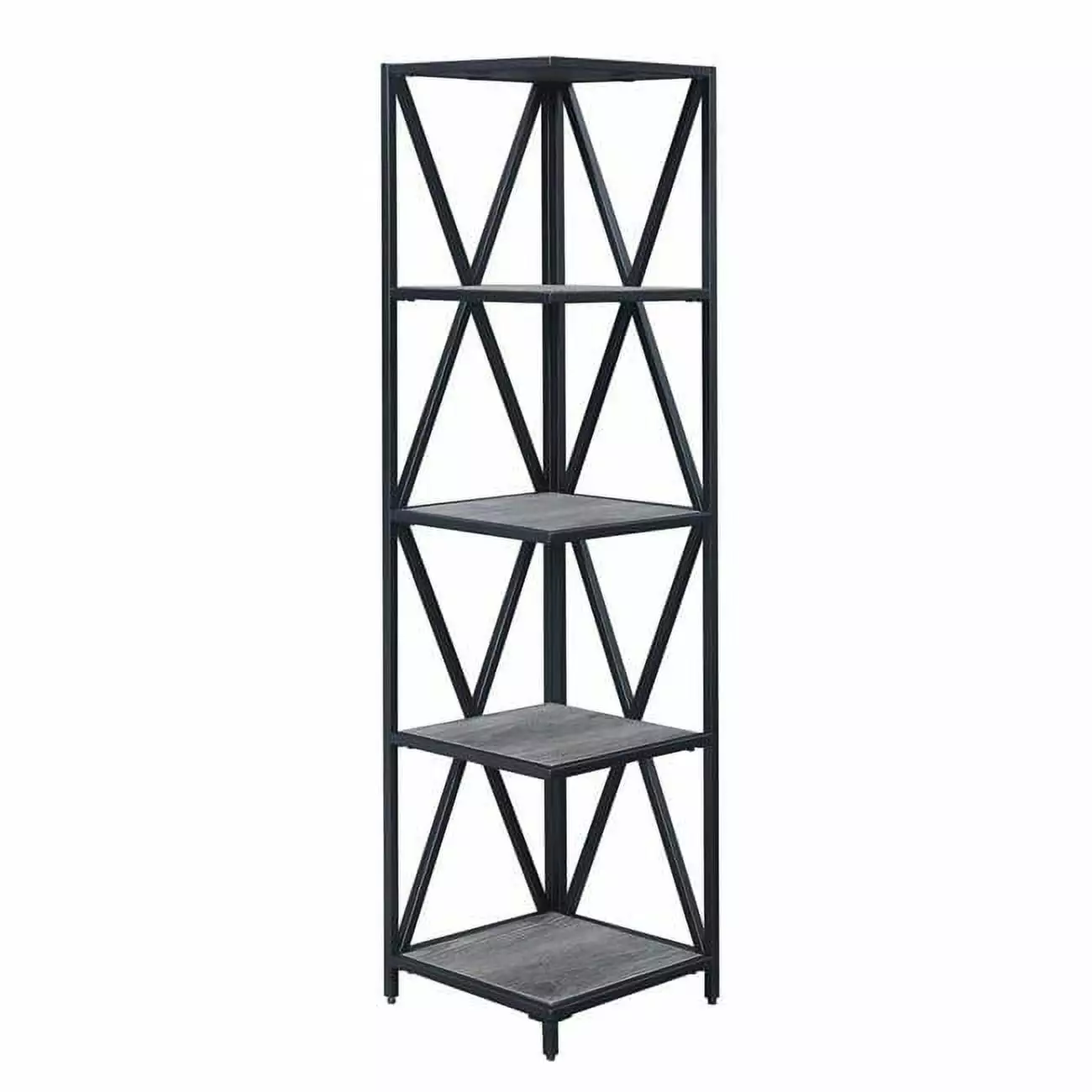 Tucson Metal 5 Tier Corner Bookcase Weathered Gray & Black Industrial Style Shelf Convenience Concepts