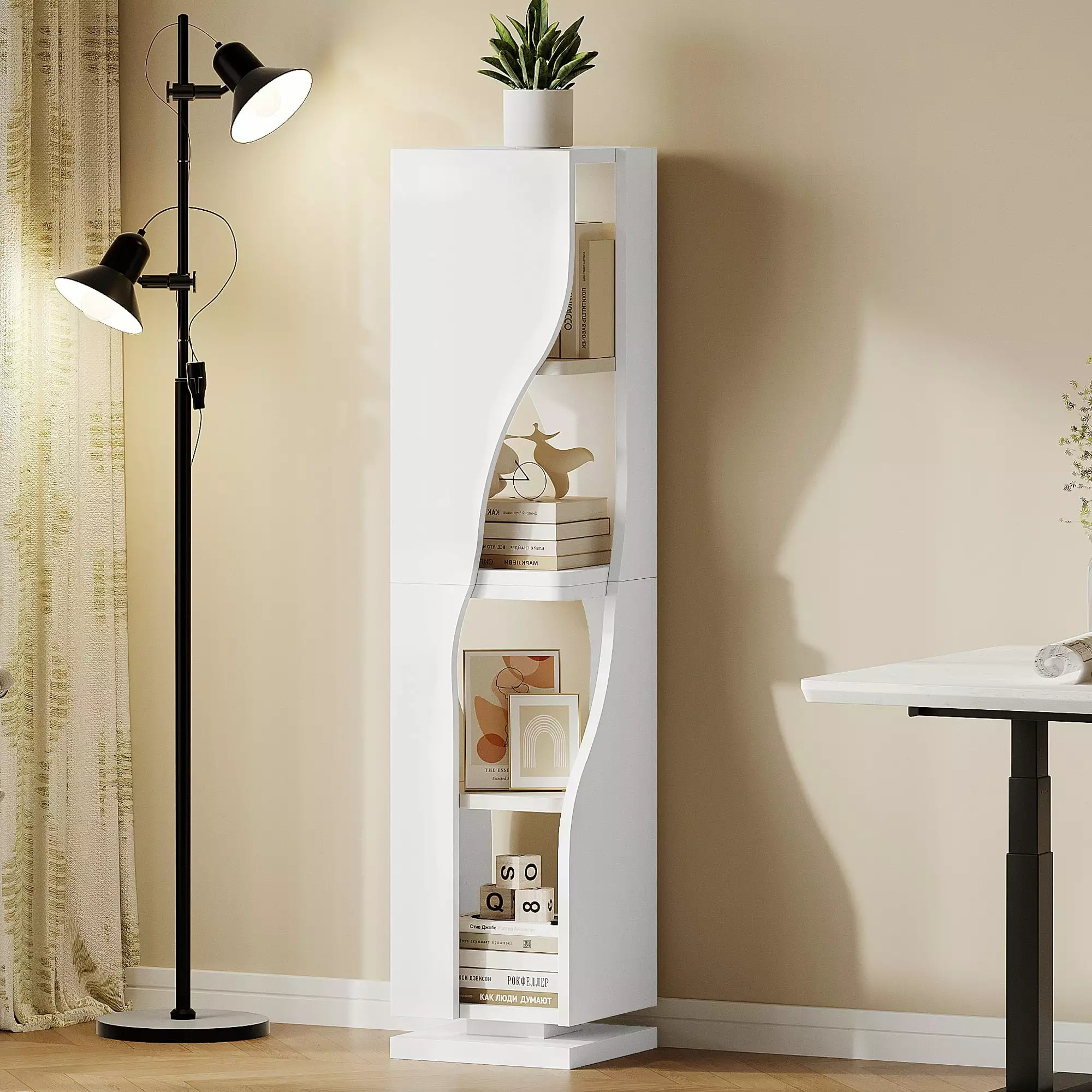 Craftian 4-Tier White Rotating Bookshelf LED Light Geometric Modern Corner Shelf