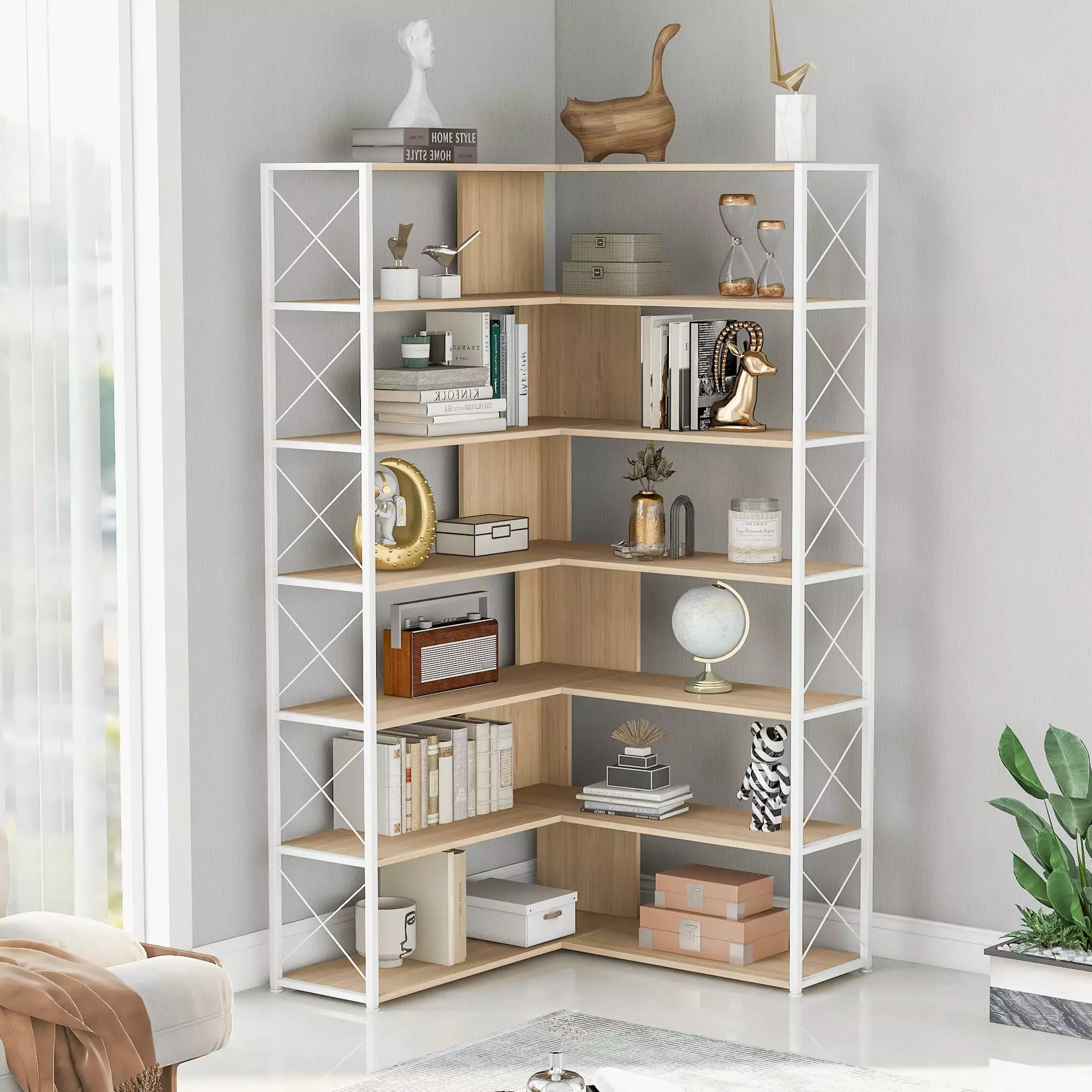Dcenta 7-Tier L-Shaped Corner Bookcase Metal Frame Industrial Style Open Storage MDF Board