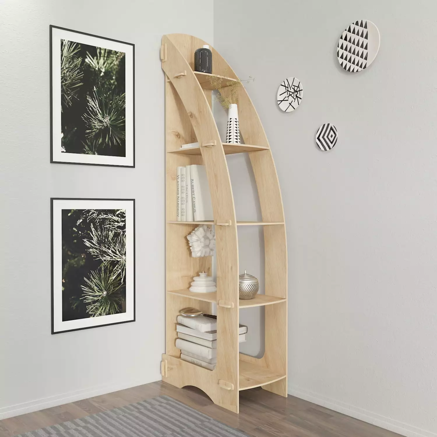 Orsa 71 Inch Corner Bookcase Modern Bookshelf Display Unit Natural Oak Finish Decorotika