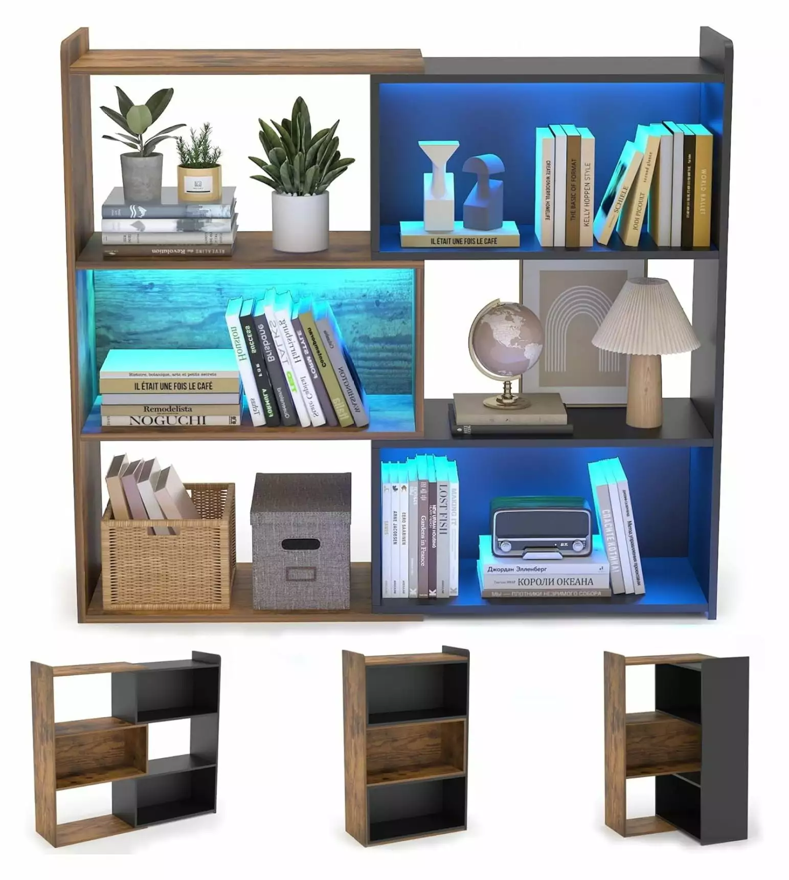 Corner Bookshelf 4-Tier L-Shaped Bookcase LED Light - Small Ladder Shelf Exlonjet