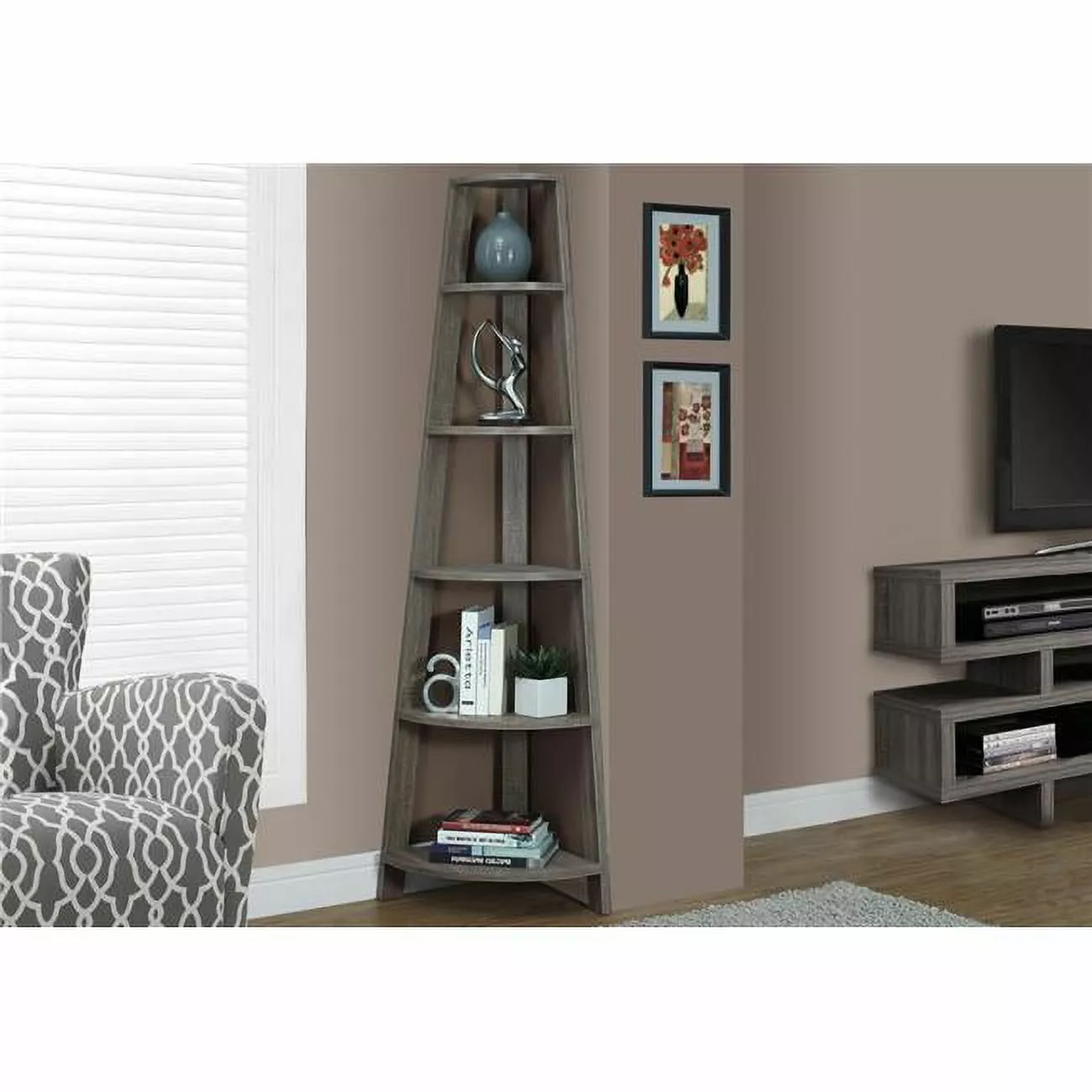 72 Dark Taupe Particle Board Laminate MDF Corner Bookshelf Home Office Living Room Fancy Fixtures