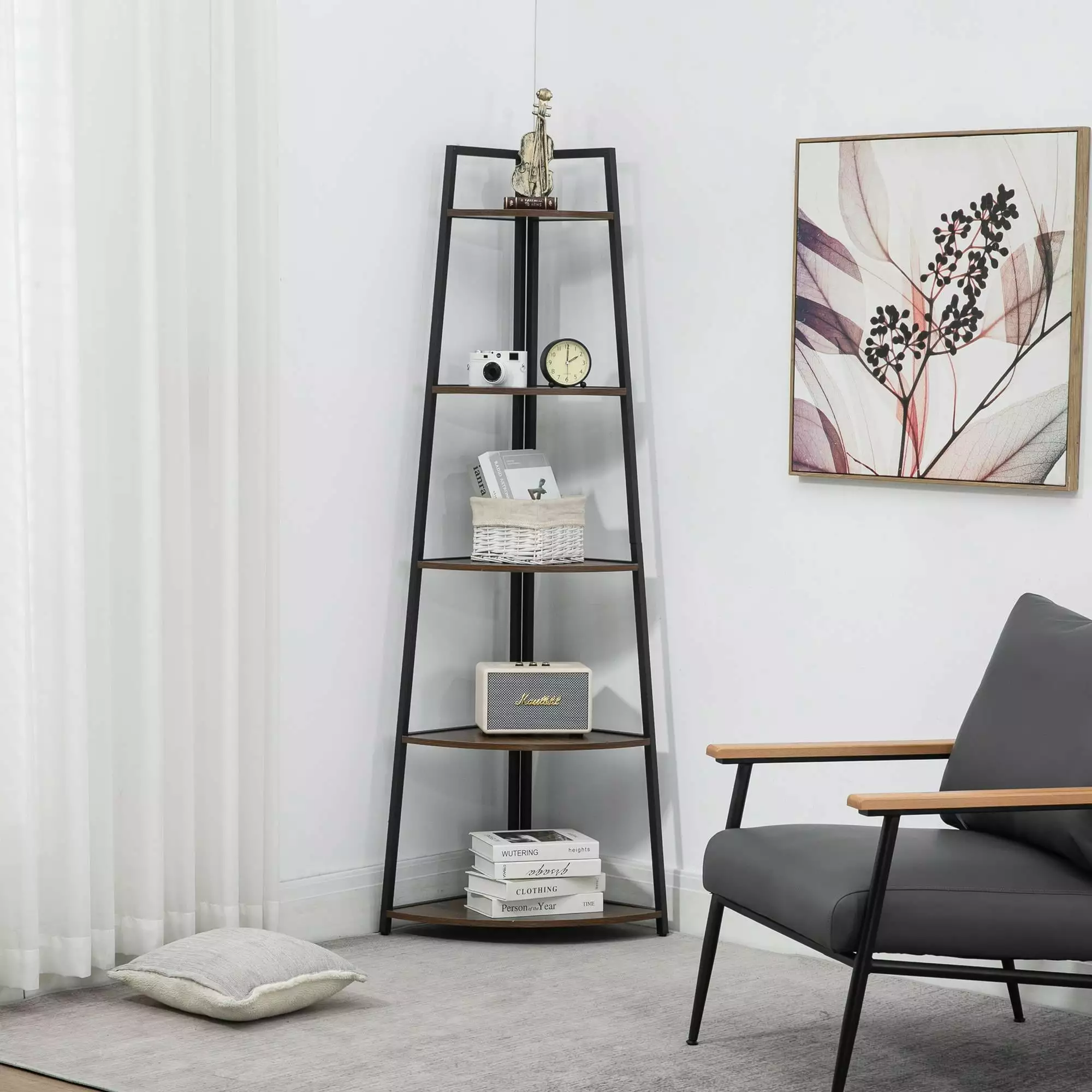 5 Tier Corner Bookshelf 70 Inches Tall Display Organizer Storage Stand Rustic Brown Living Room Fencia