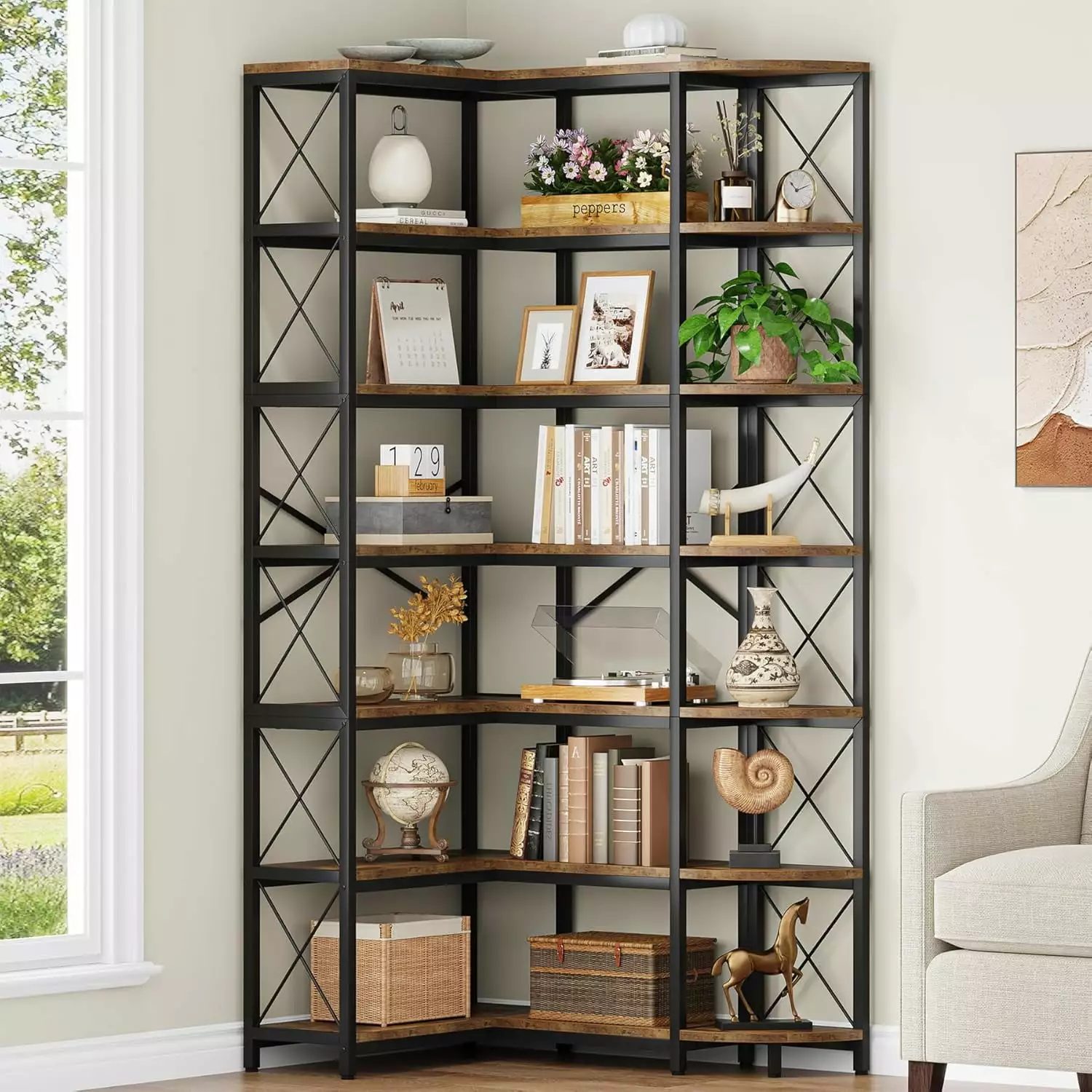 7-Shelf Reversible Corner Bookshelf Modern Industrial L-Shaped Bookcase Metal Frame Rustic Brown FJU
