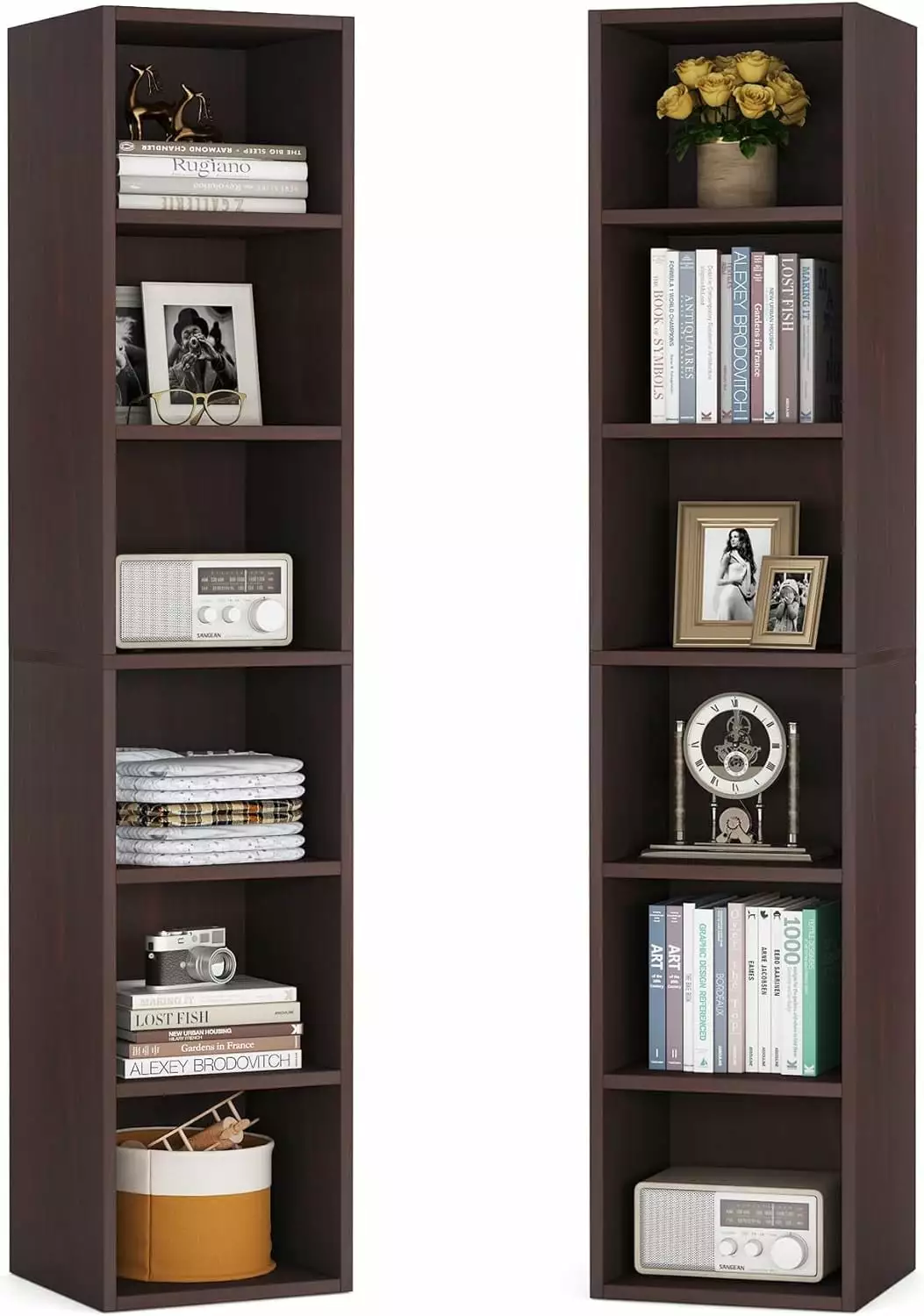 FJU 70.9 Inch Tall Narrow Bookcase Set 2 Rustic Corner Bookcase Storage 6 Tier Cube Display Shelves Home Office