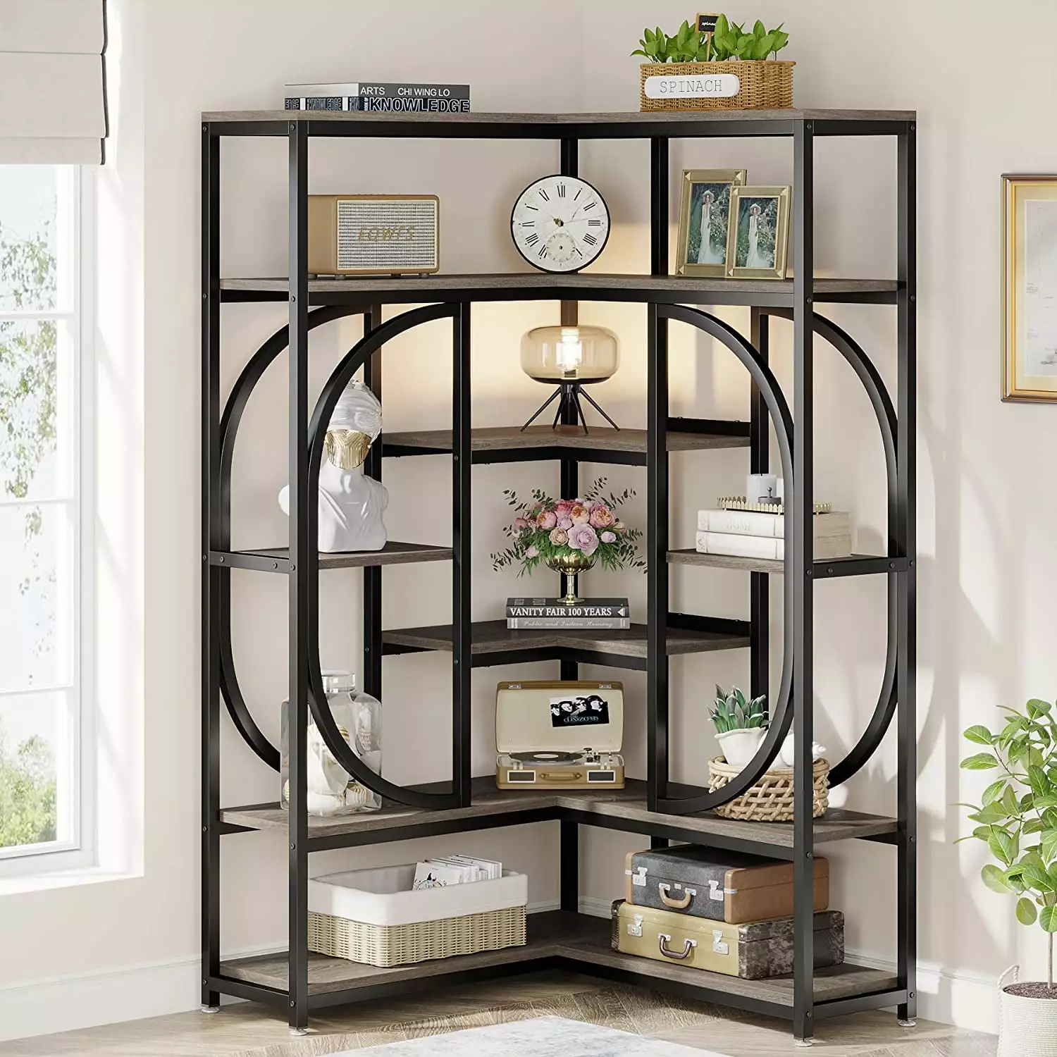 FJU 7-Shelf Corner Bookshelf Large Modern L-shaped Bookcase Metal Frame Living Room Home Office Grey