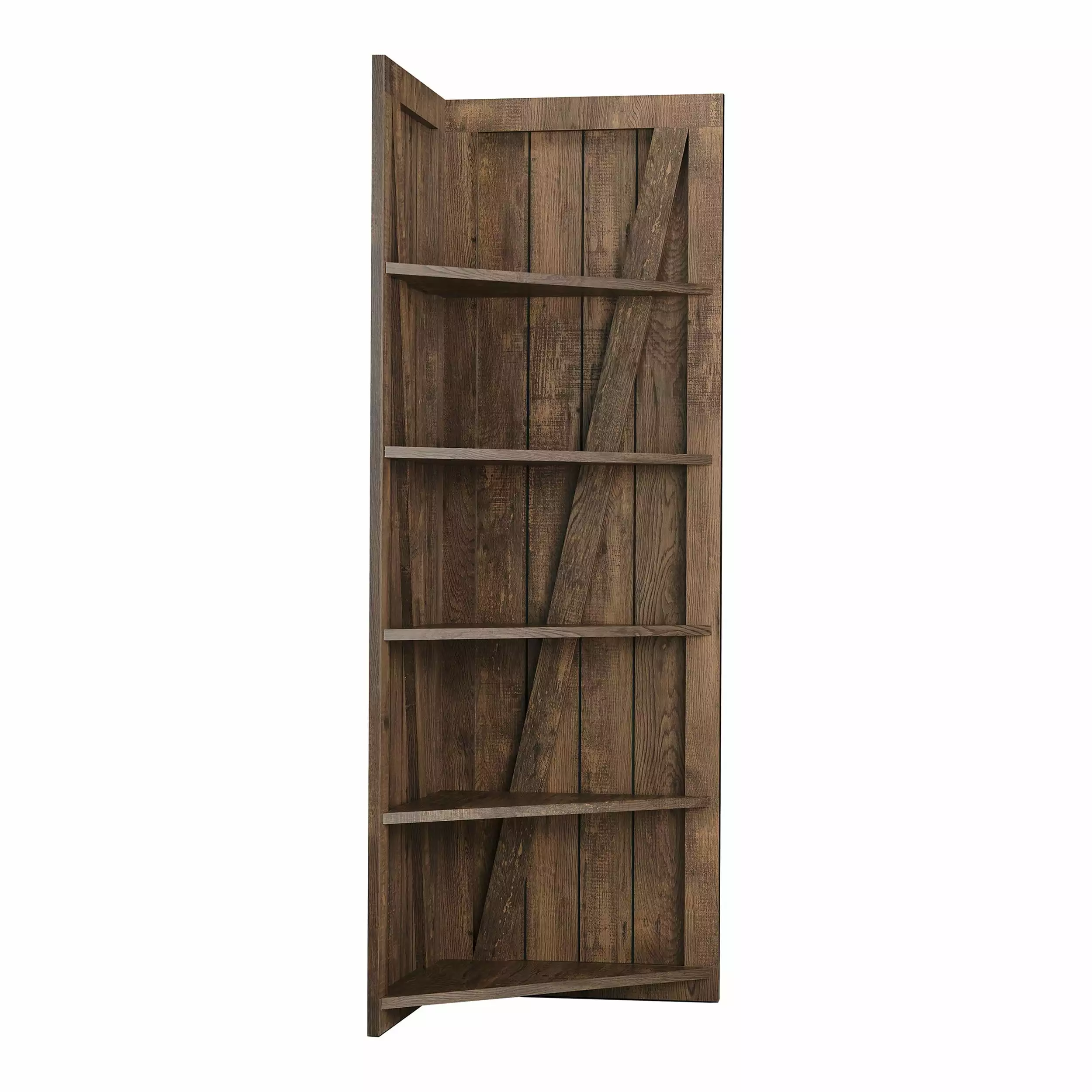 Furniture America Terry Rustic Wood 5-Tier Corner Bookcase Reclaimed Oak Finish