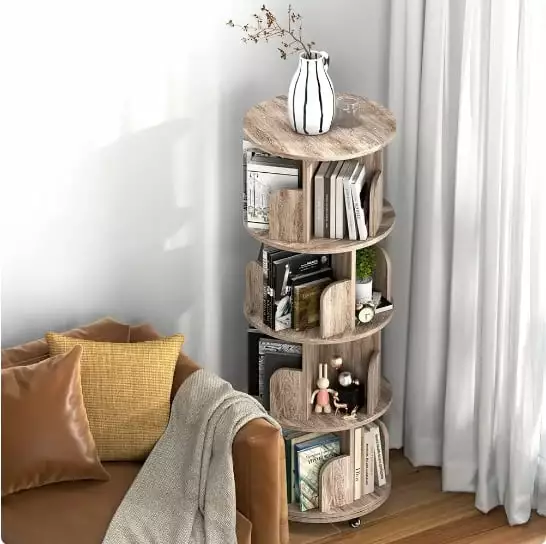 Rotating Bookshelf 4 Tier Revolving Bookcase Brake Wheels 360 Display Narrow Swivel Shelf Generic