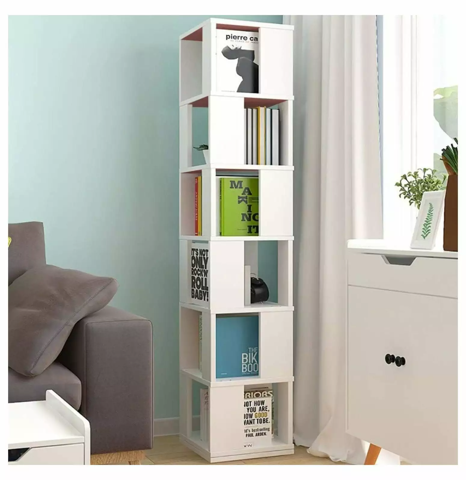 6 Tier Wooden Bookcase Corner Tall Book Shelf Modern 360 Rotating Storage Display Rack Floor Standing Shelves Home Office ...