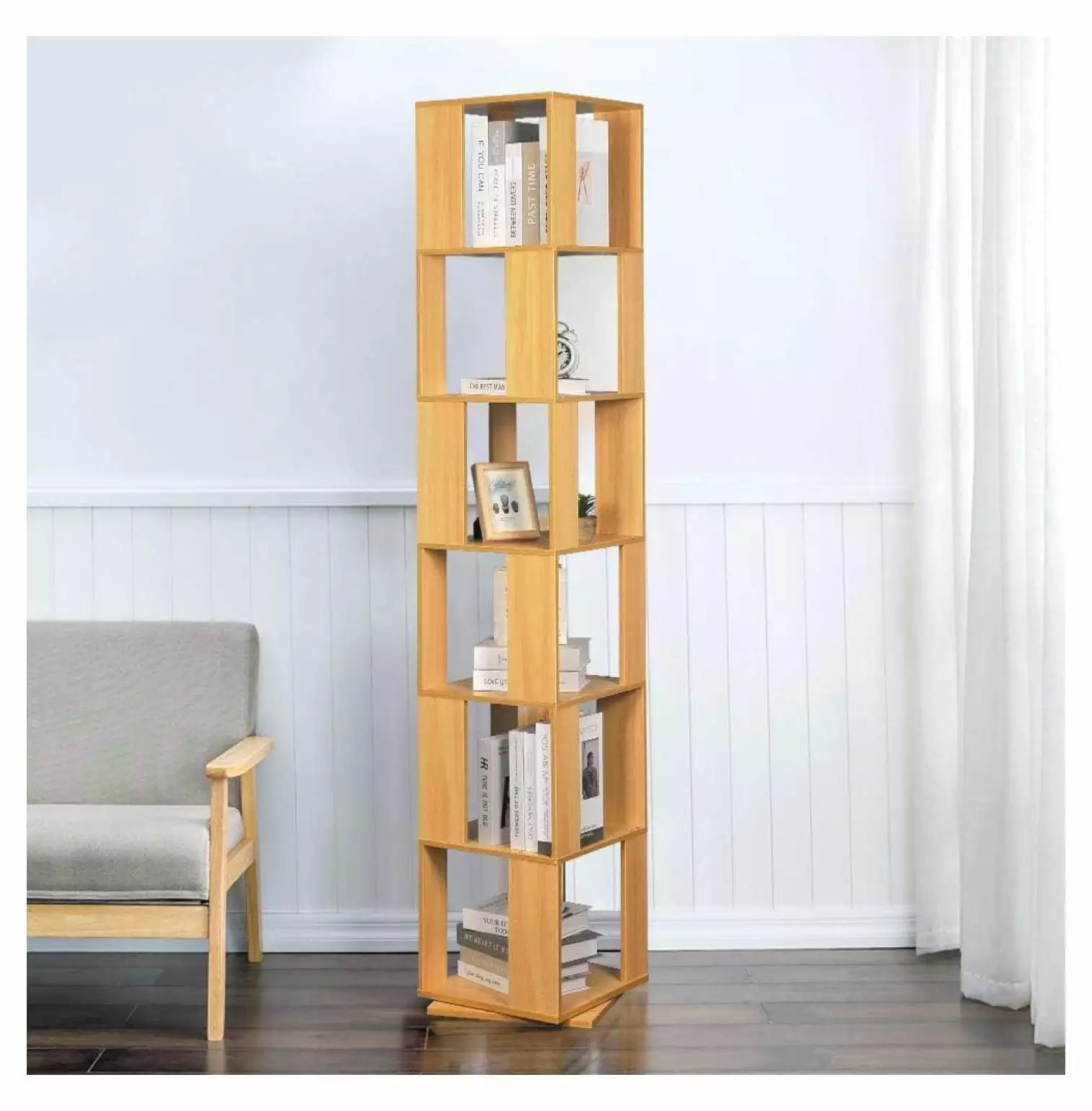 6 Tier Wooden Bookcase Corner Tall Book Shelf Modern 360 Rotating Storage Display Rack Floor Standing Shelves Home Office ...