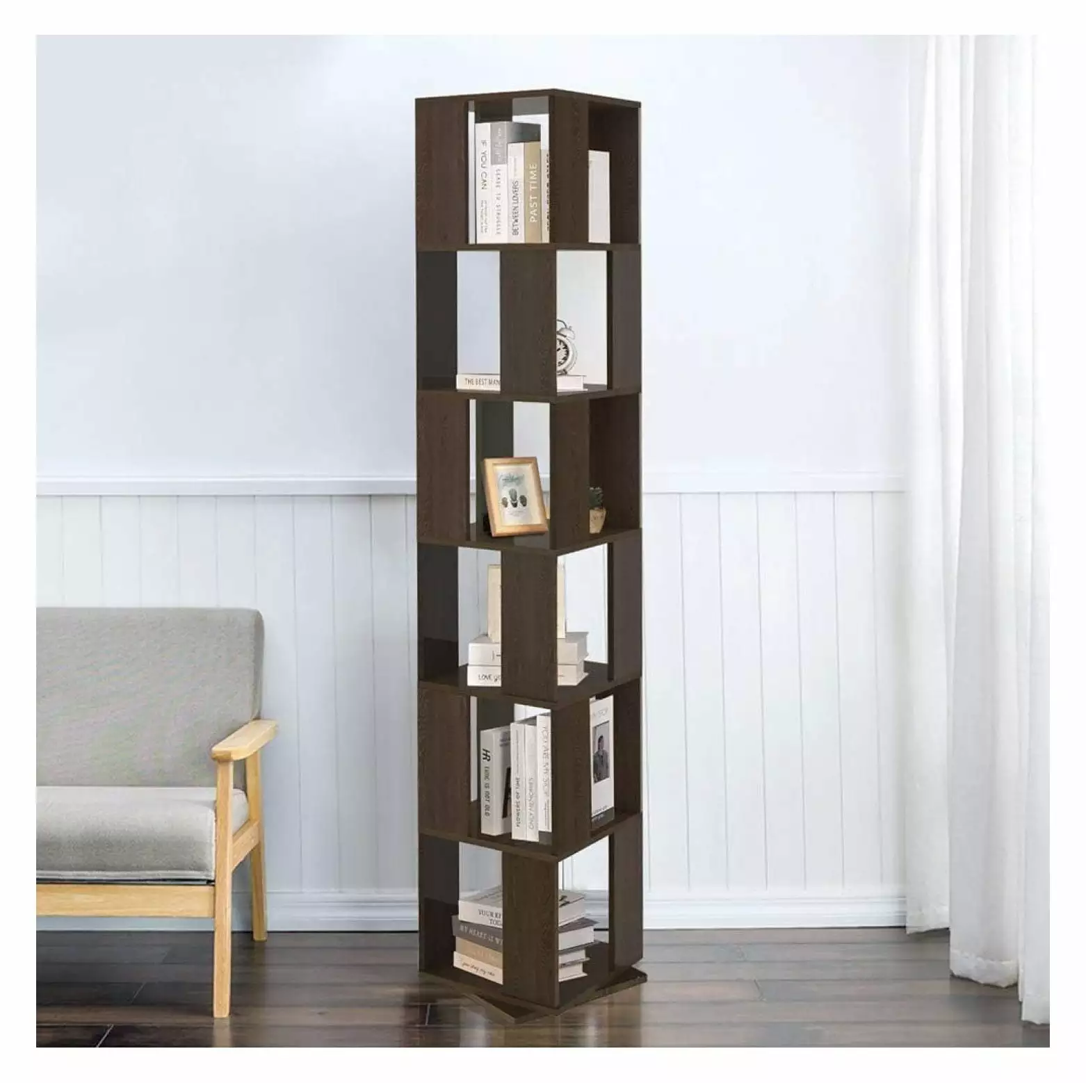 6 Tier Wooden Bookcase Corner Tall Book Shelf Modern 360 Rotating Storage Display Rack Floor Standing Shelves Home Office ...