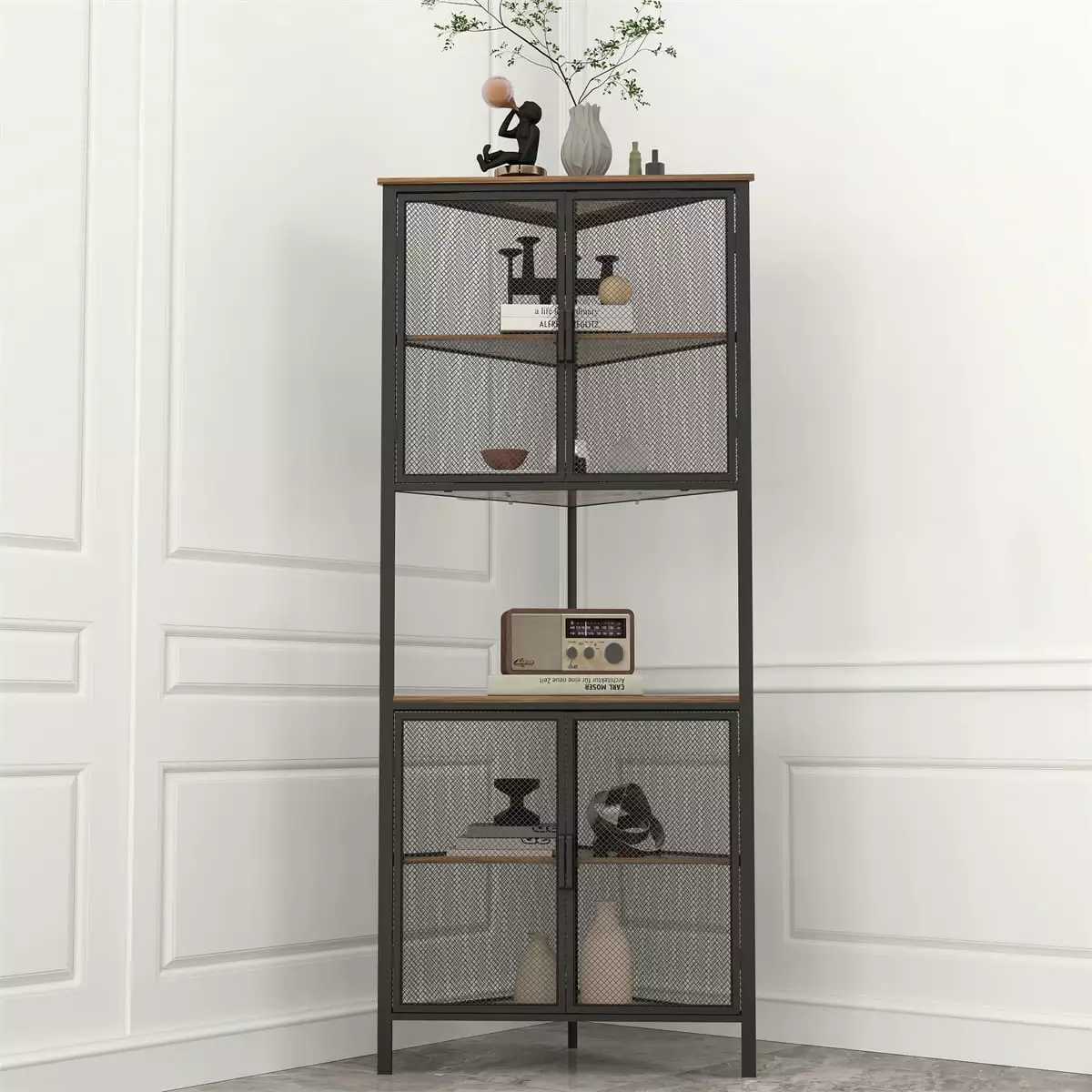 5-Tier Corner Shelf Metal Mesh Door Modern Storage Bookcase Small Spaces HeroicLion