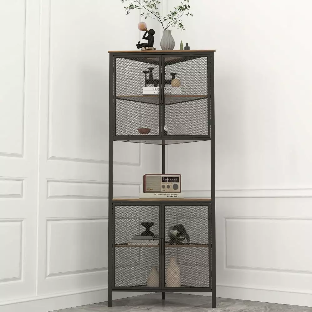 5-Tier Shelves Metal Mesh Door Bookcase Storage Shelf Corner Shelf Small Space Living Room Hmluxury