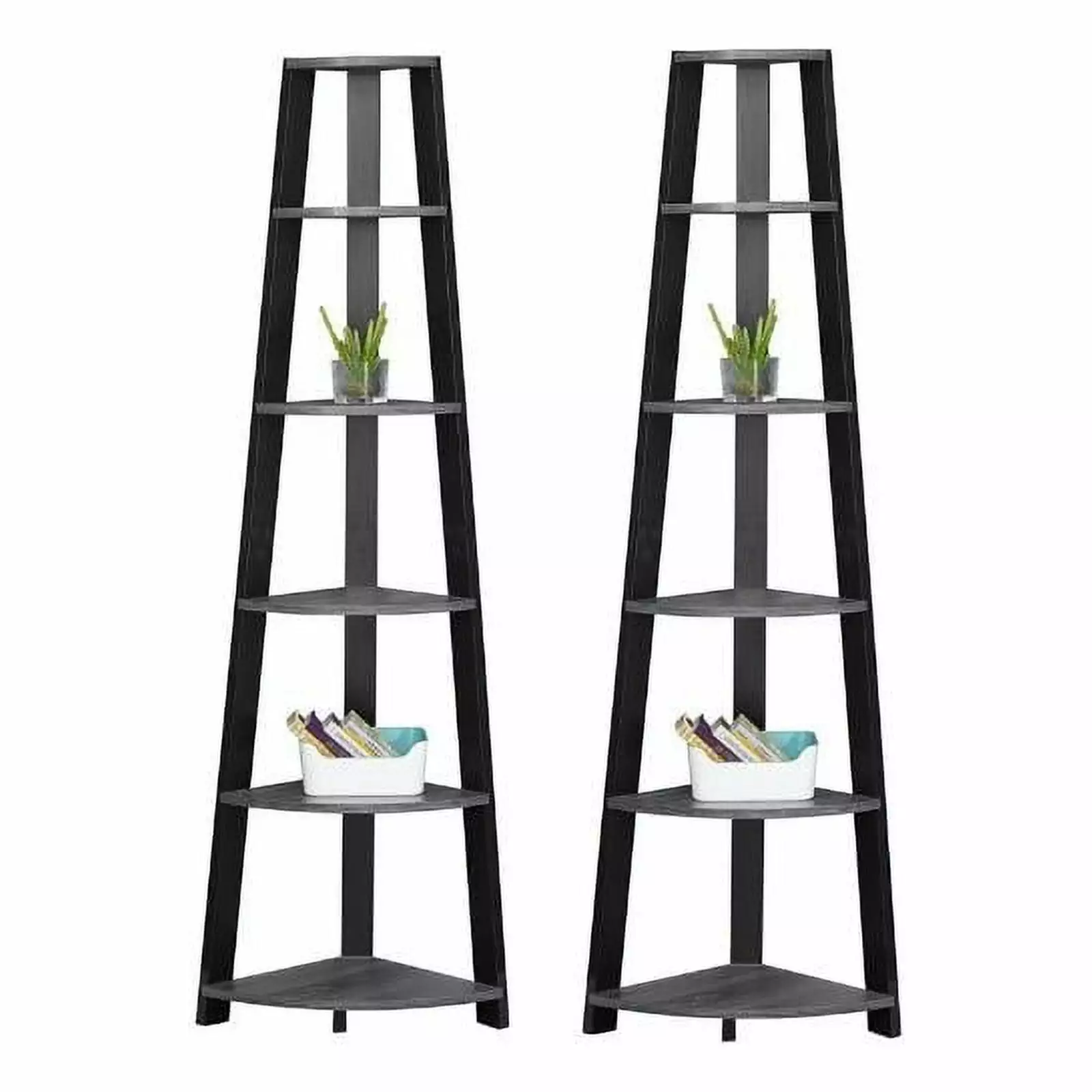 Home Square 2 Piece Wood Corner Accent Etagere Set Gray and Black Living Room