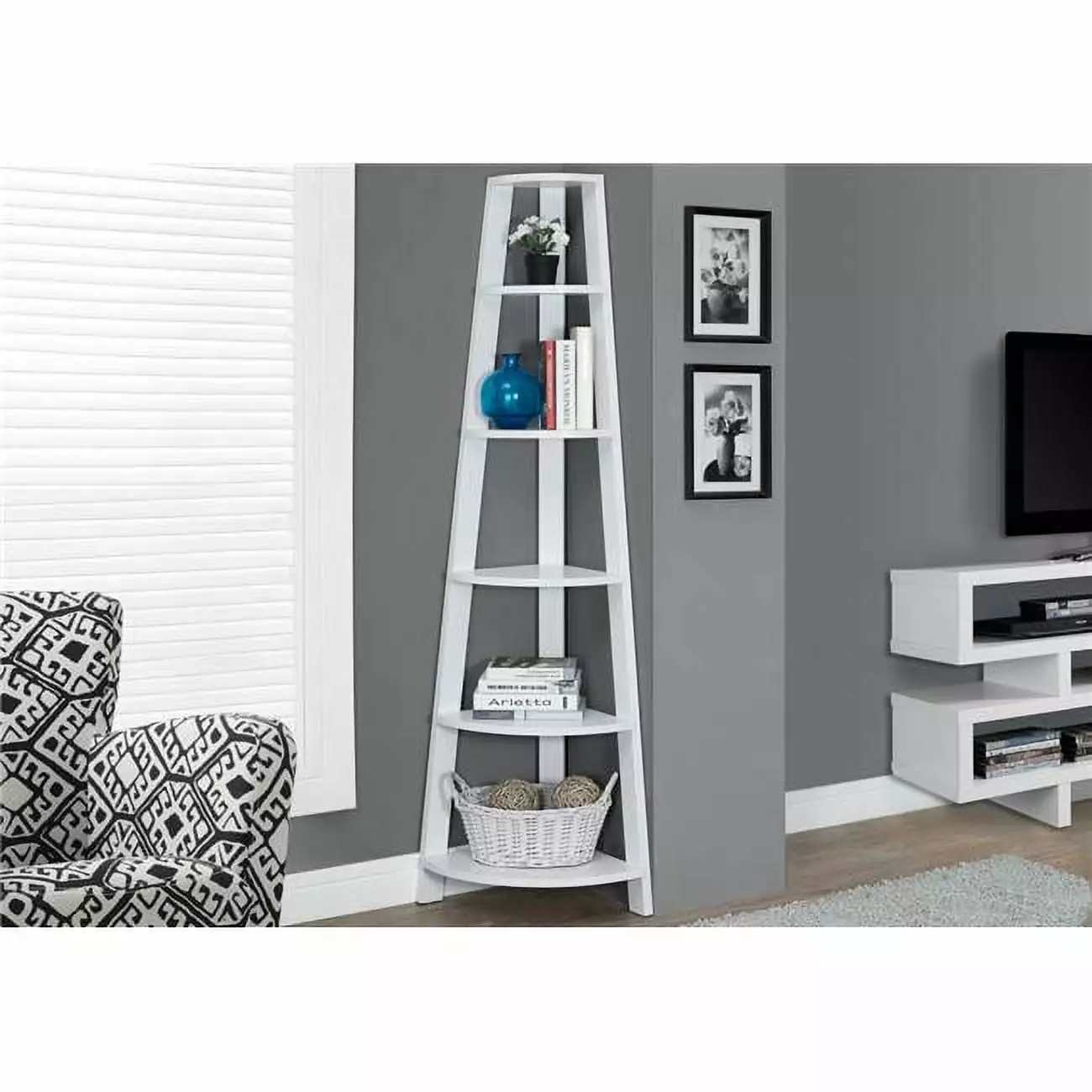 HomeRoots 72 Inch White Particle Board Laminate MDF Corner Bookshelf Home Office