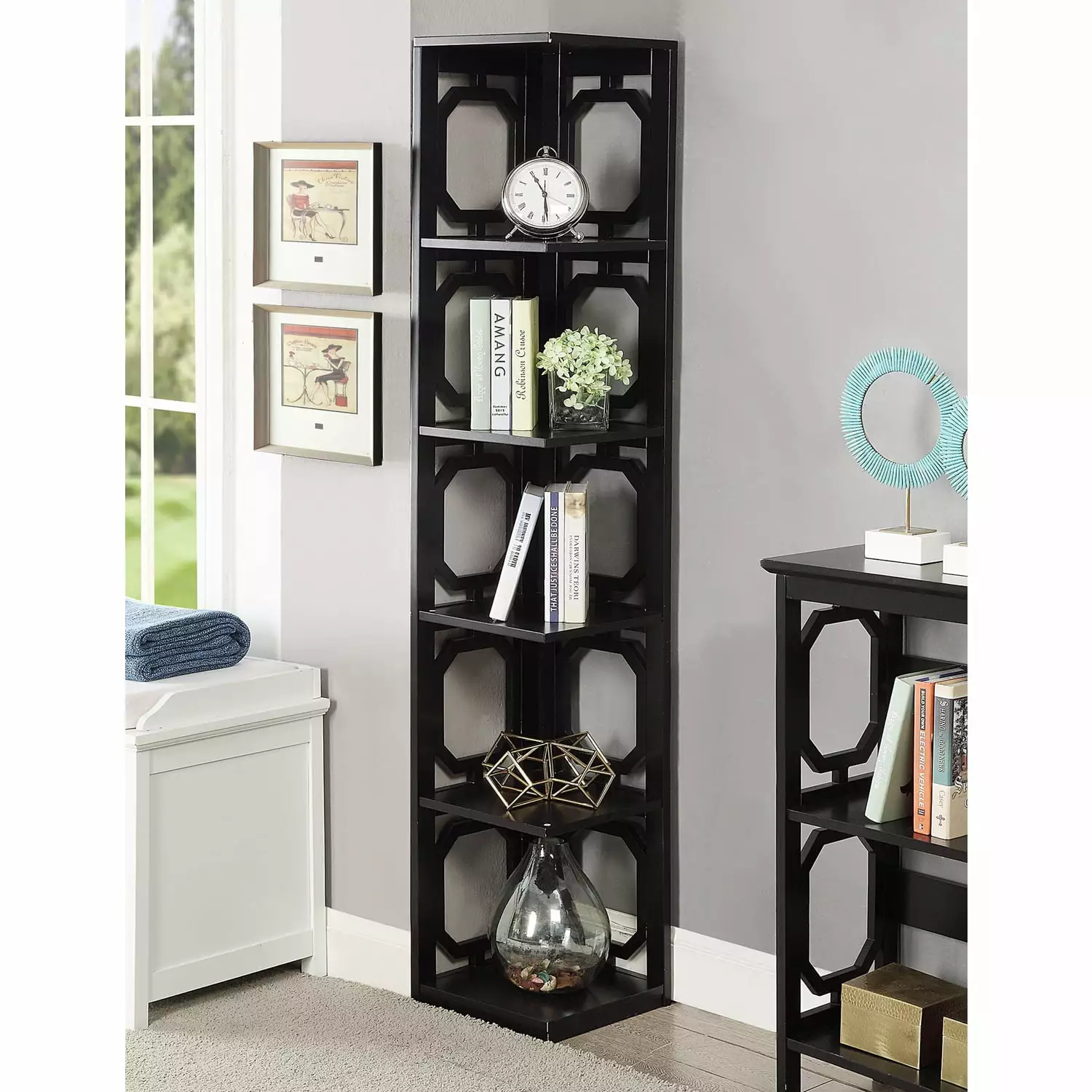 HomeStock Modern Motifs 5 Tier Corner Bookcase Living Room